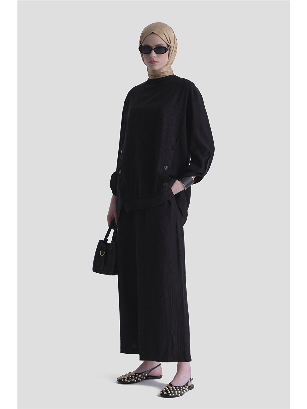 Düğme Detaylı Takım Siyah-1