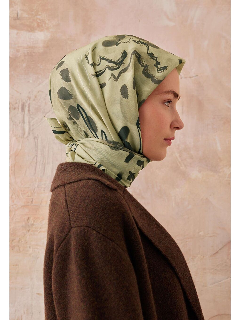 Yeşil Aura Desen Pamuk İpek Eşarp Yosun-3