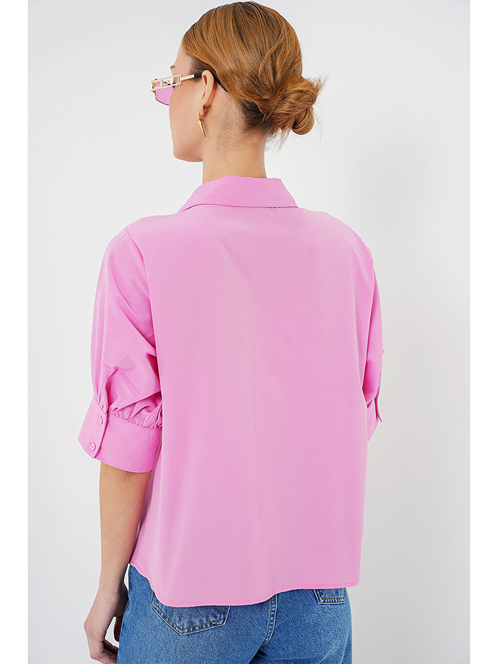 Kadın Kısa Kol Gömlek 20312 - Pembe-4