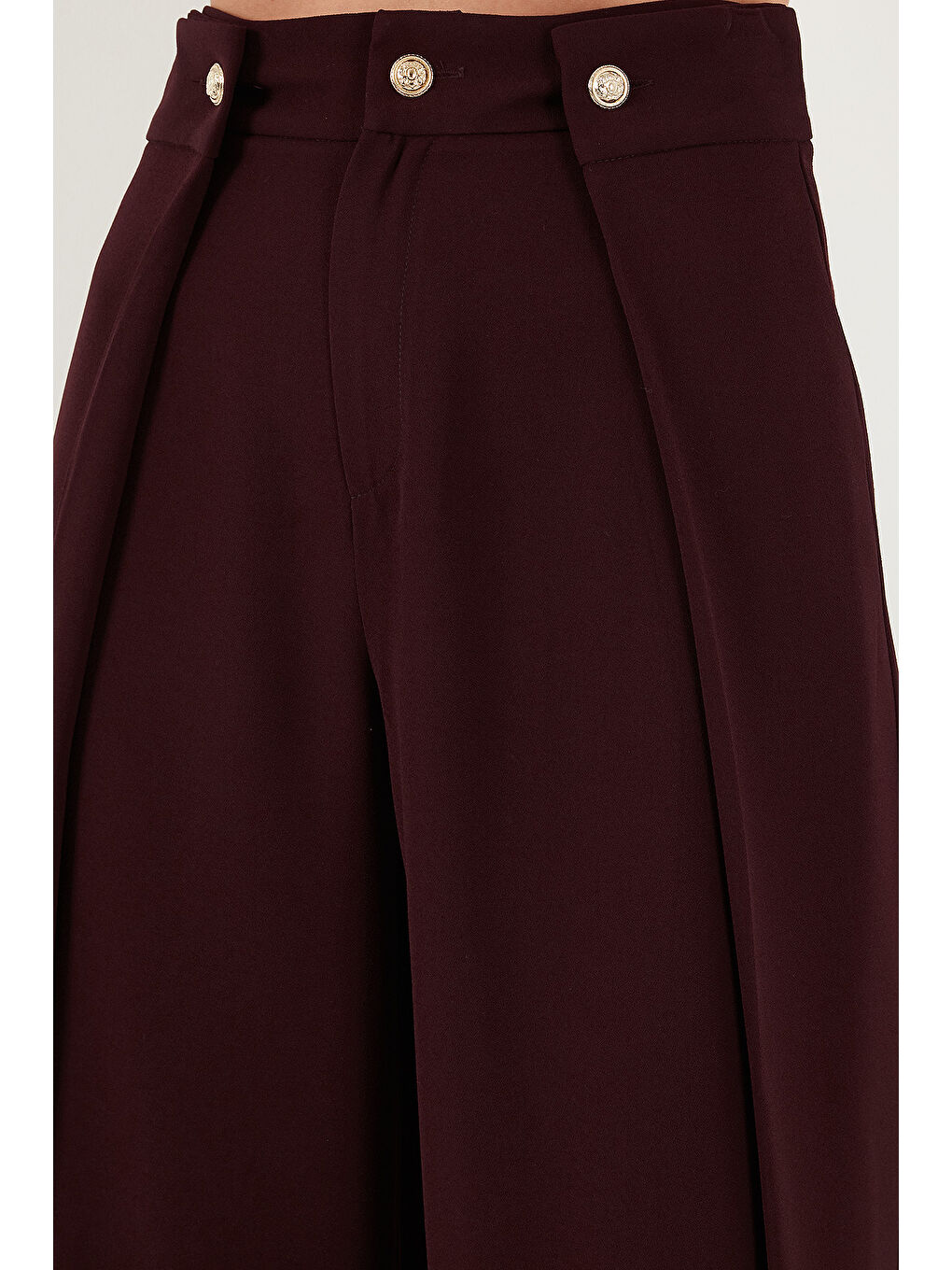 Mürdüm Düğmeli Pile Detaylı Wide Leg Yüksek Bel Geniş Paça Pantolon 68351133-5