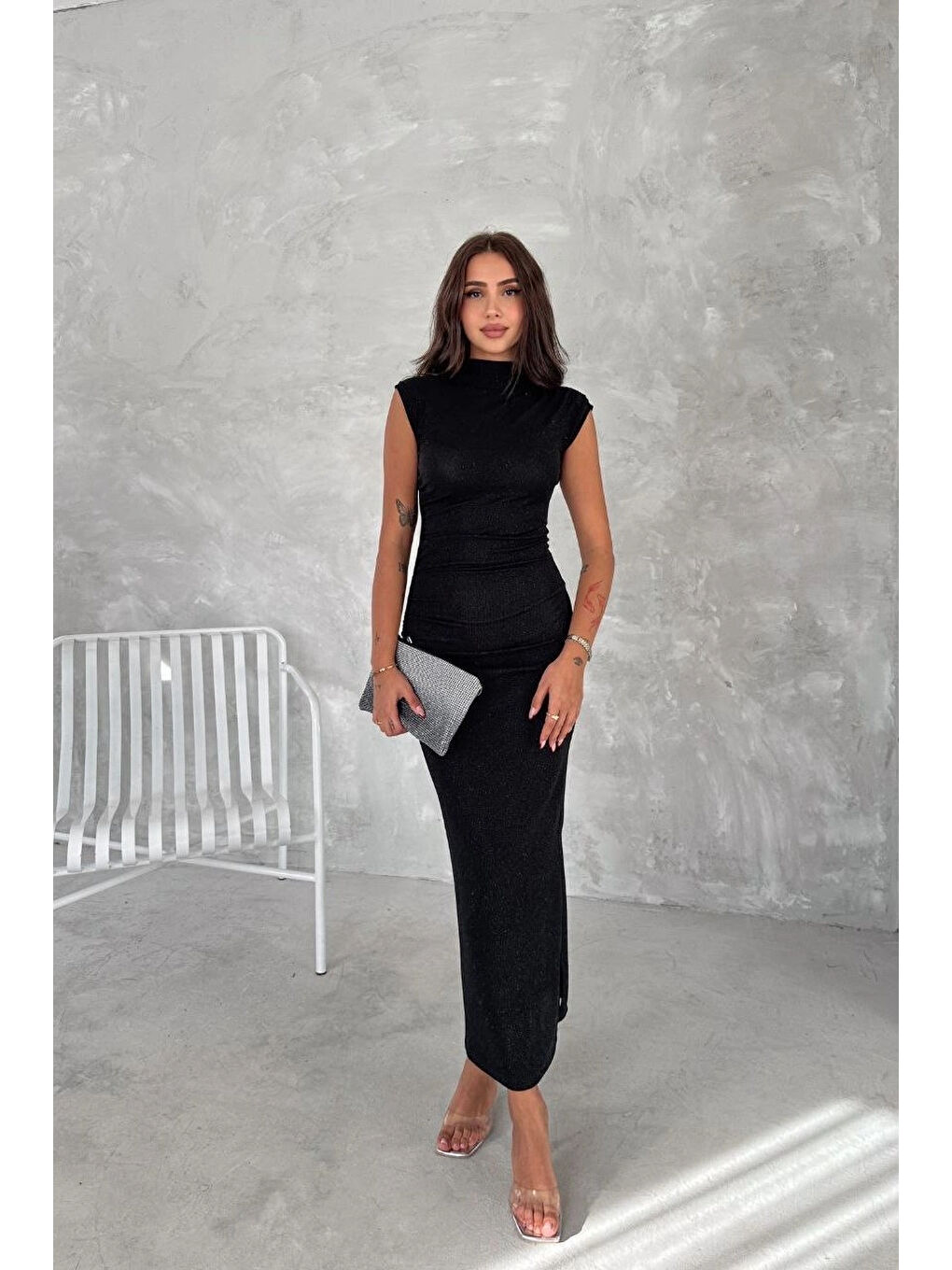 Kadın Siyah Simli Yırtmaçlı Fermuarlı Elbise 3648-1