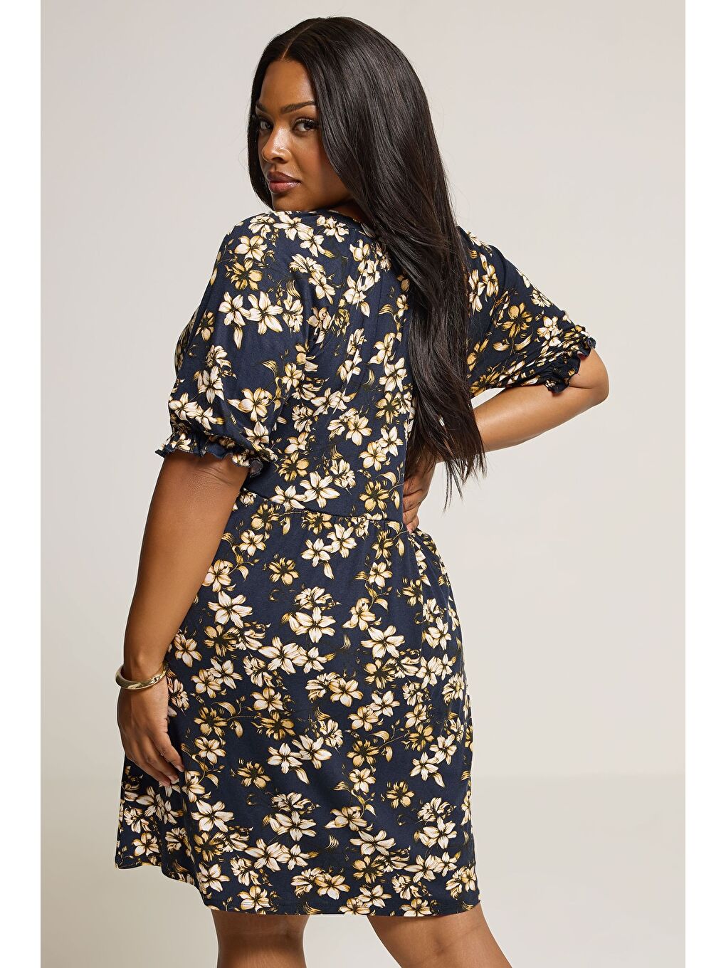 Lacivert Büyük Beden V Yaka Kısa Kollu Çiçek Desenli Mini Elbise 304076-4