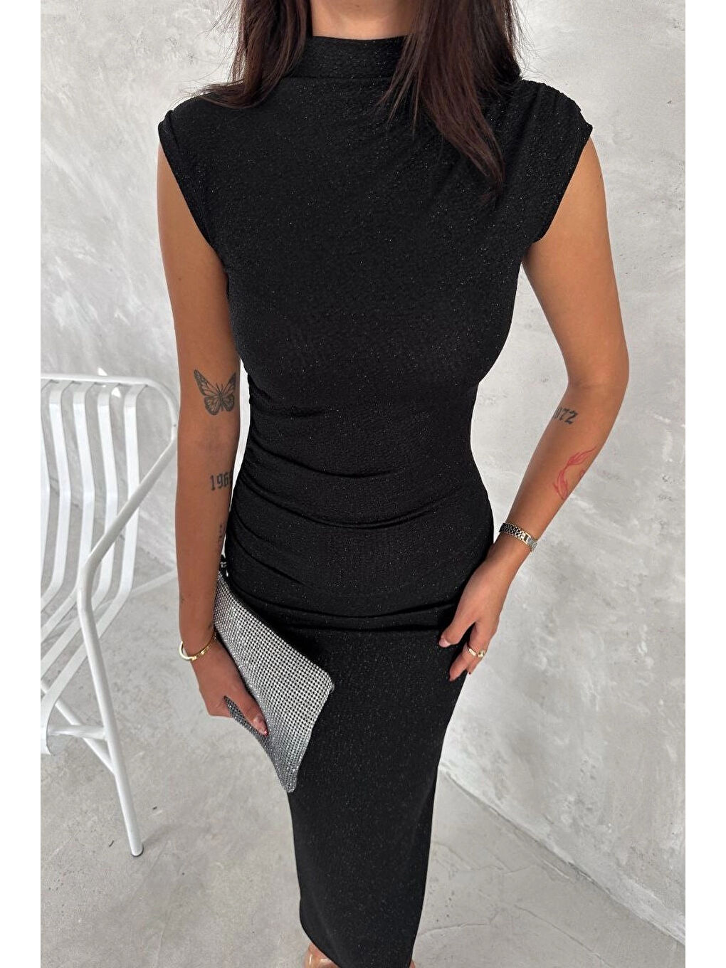 Kadın Siyah Simli Yırtmaçlı Fermuarlı Elbise 3648-2