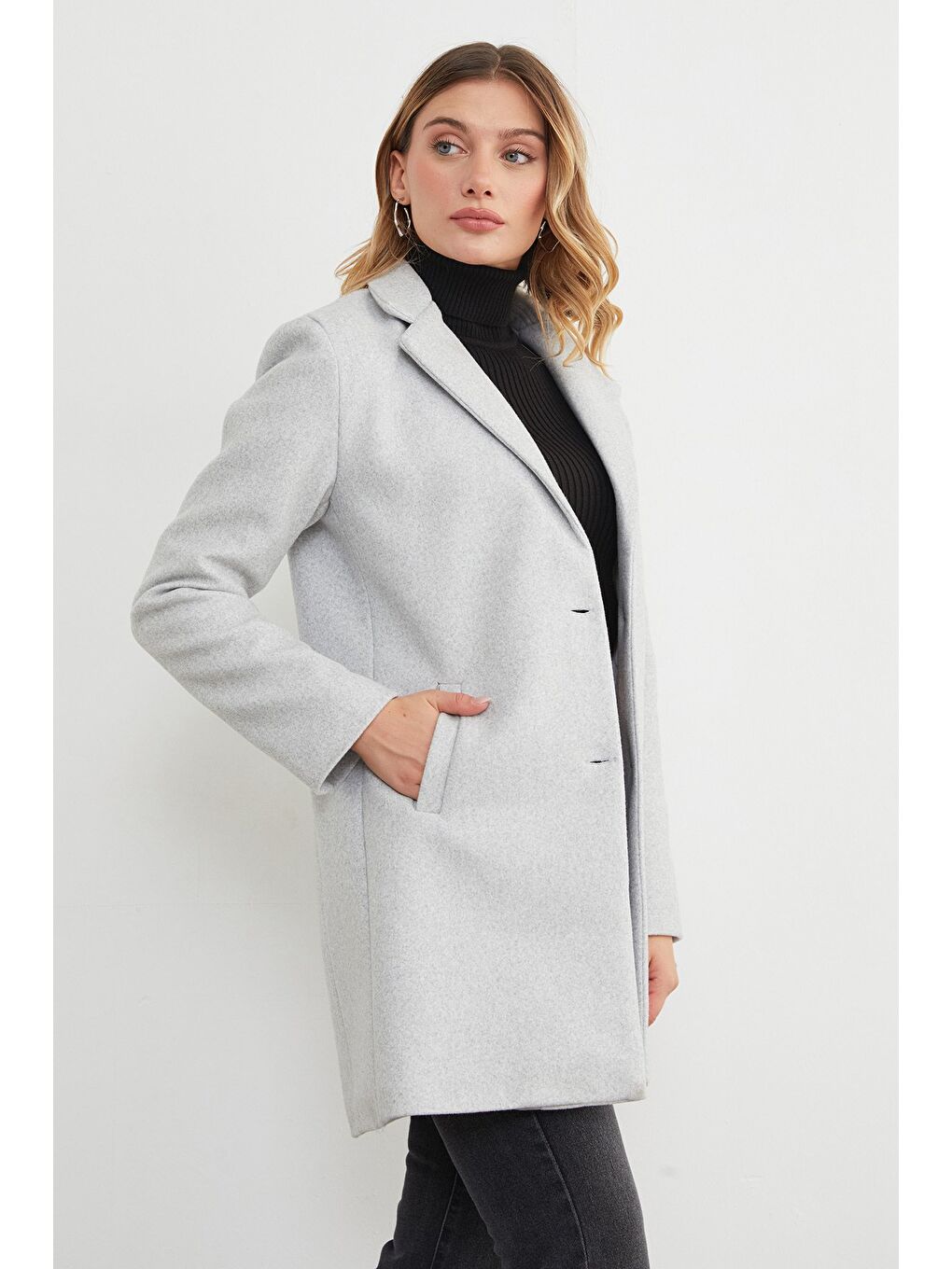 Gri Kruvaze Yaka Cepli Kaşe Kaban-3