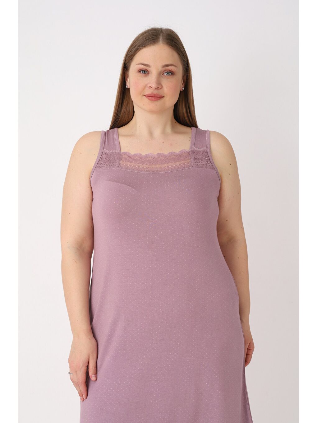 Pembe Kadın Puantiyeli Dantelli Elastanlı Büyük Beden Gecelik-2