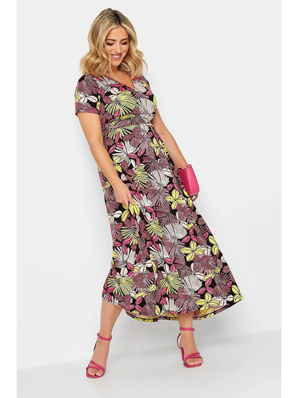 Pembe Büyük Beden V Yaka Desenli Kuşaklı Elastanlı Yarım Kol Anvelop Elbise 302064-3