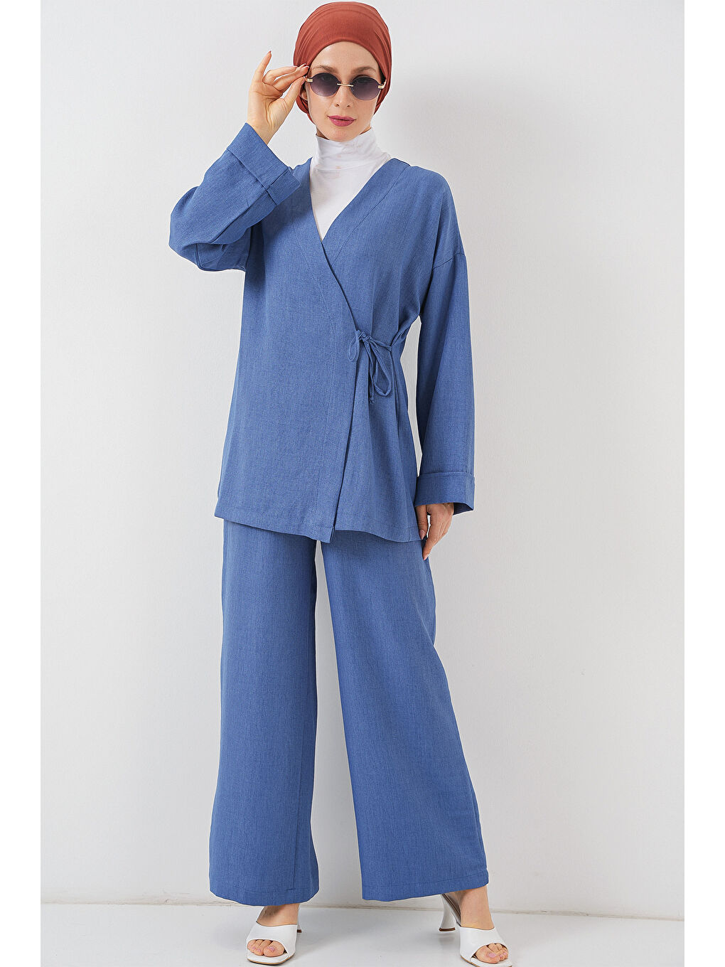 Kadın Kruvaze Yaka Kimono Alt Üst Takım 6743 - İndigo