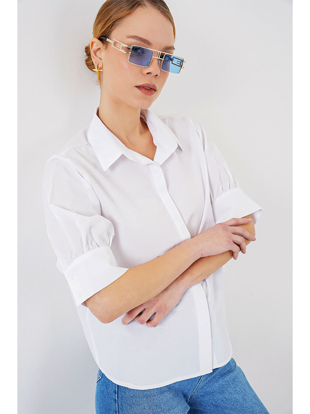 Kadın Kısa Kol Gömlek 20312 - Beyaz-2