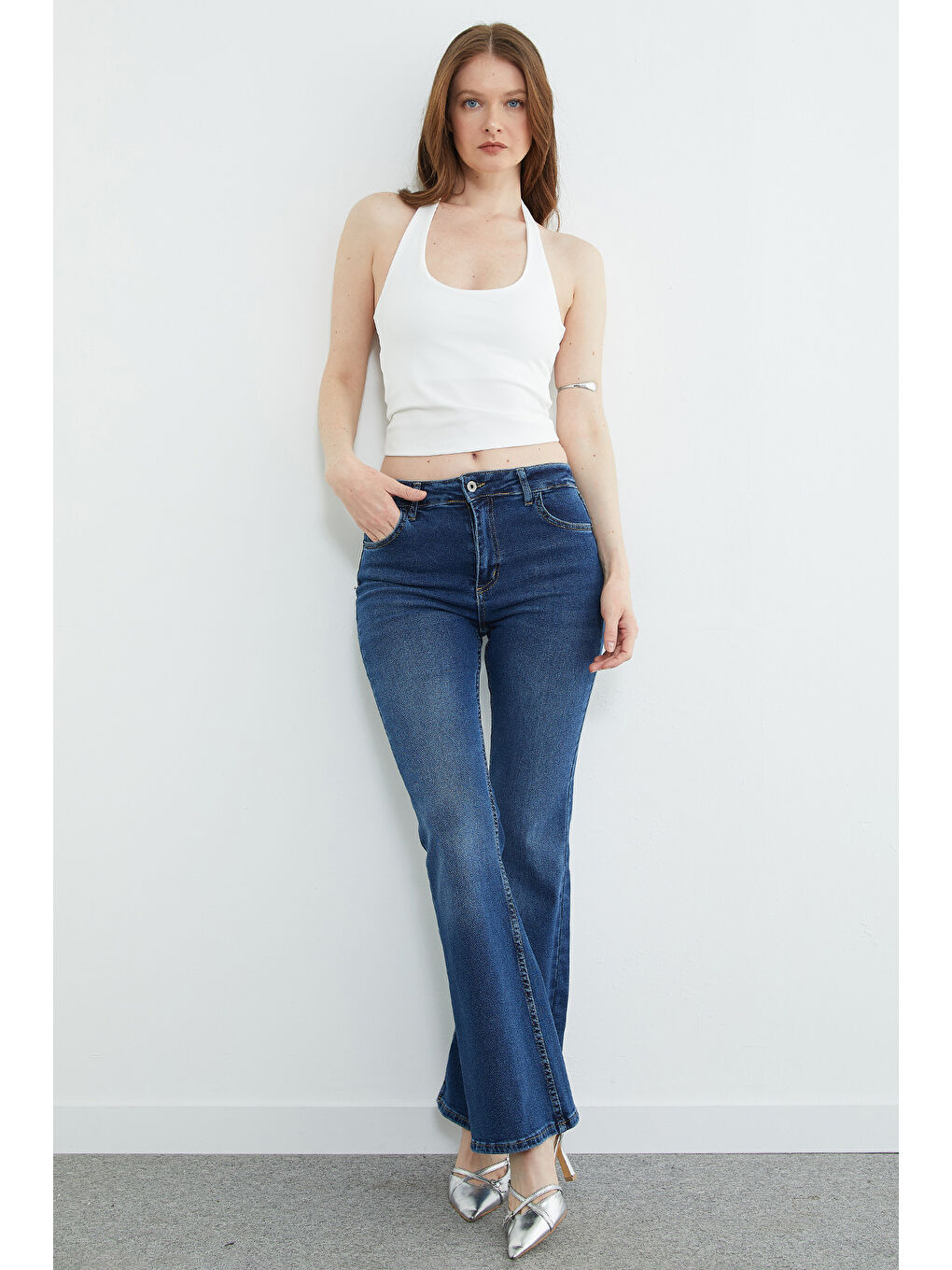 Mavi Yüksek Bel Fermuarlı Flare Jean