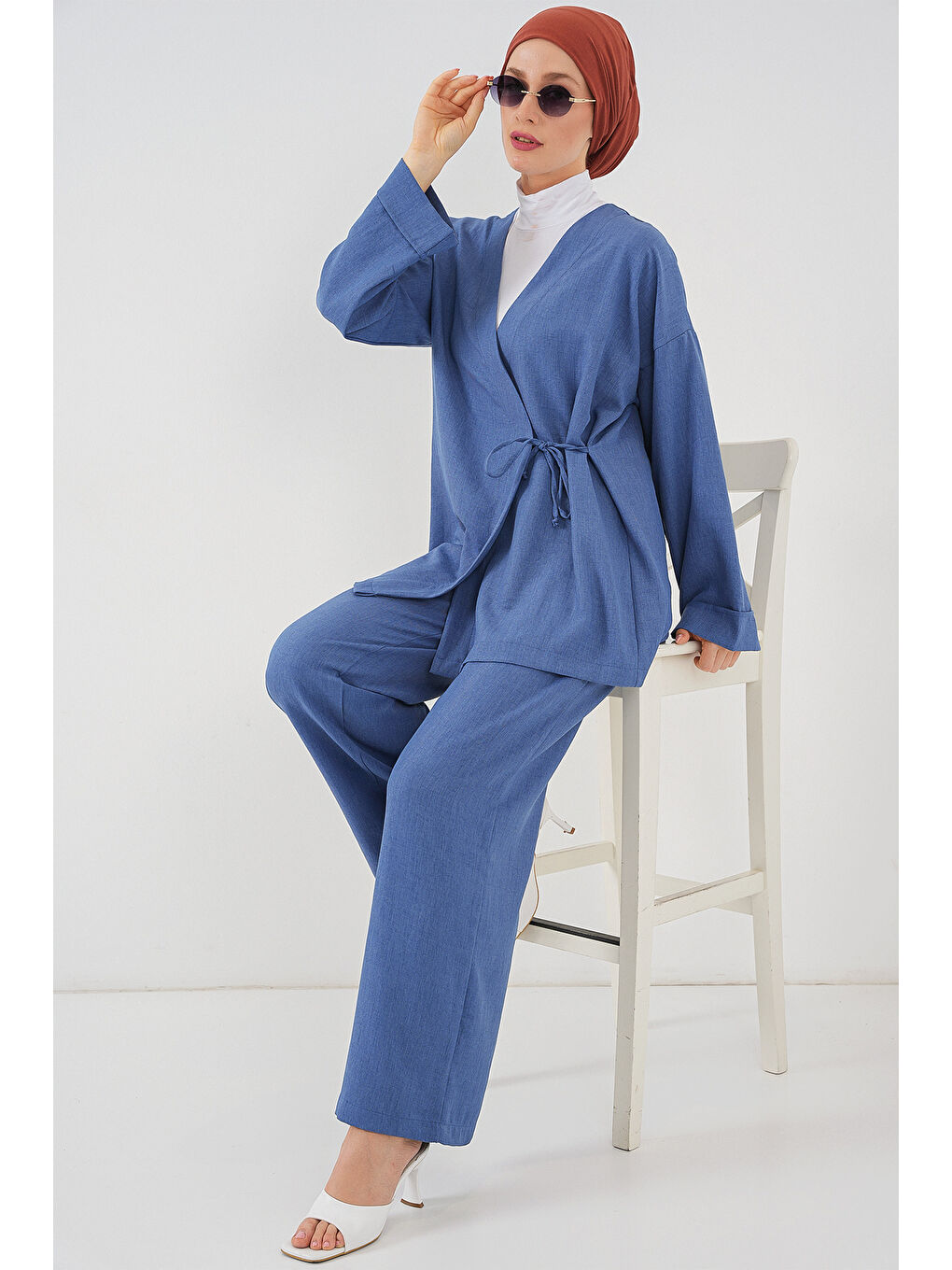 Kadın Kruvaze Yaka Kimono Alt Üst Takım 6743 - İndigo-1