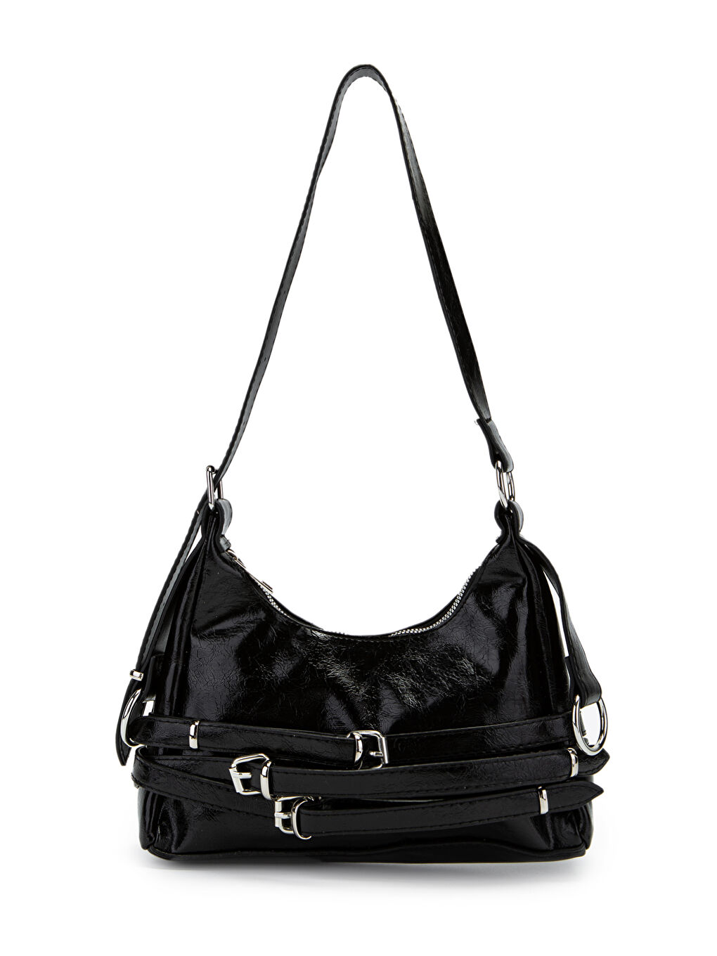 Kemer Detaylı Rugan Suni Deri Baget Kadın Kol Çanta Mary Siyah