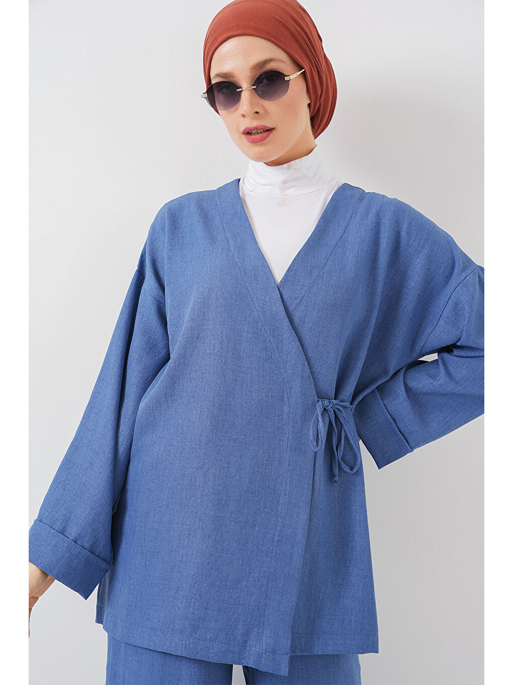 Kadın Kruvaze Yaka Kimono Alt Üst Takım 6743 - İndigo-2