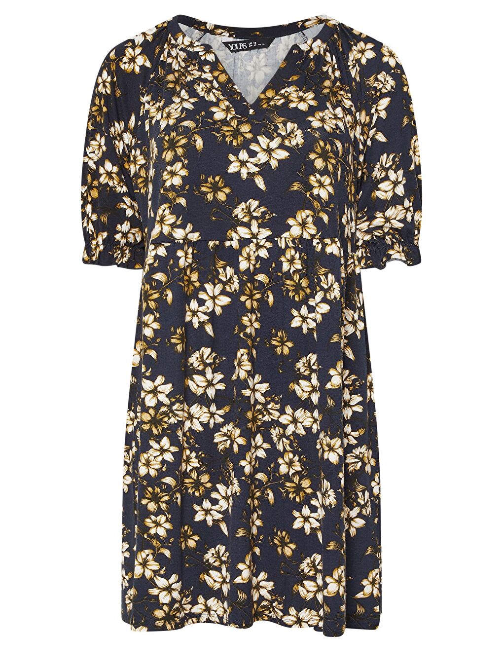 Lacivert Büyük Beden V Yaka Kısa Kollu Çiçek Desenli Mini Elbise 304076-5