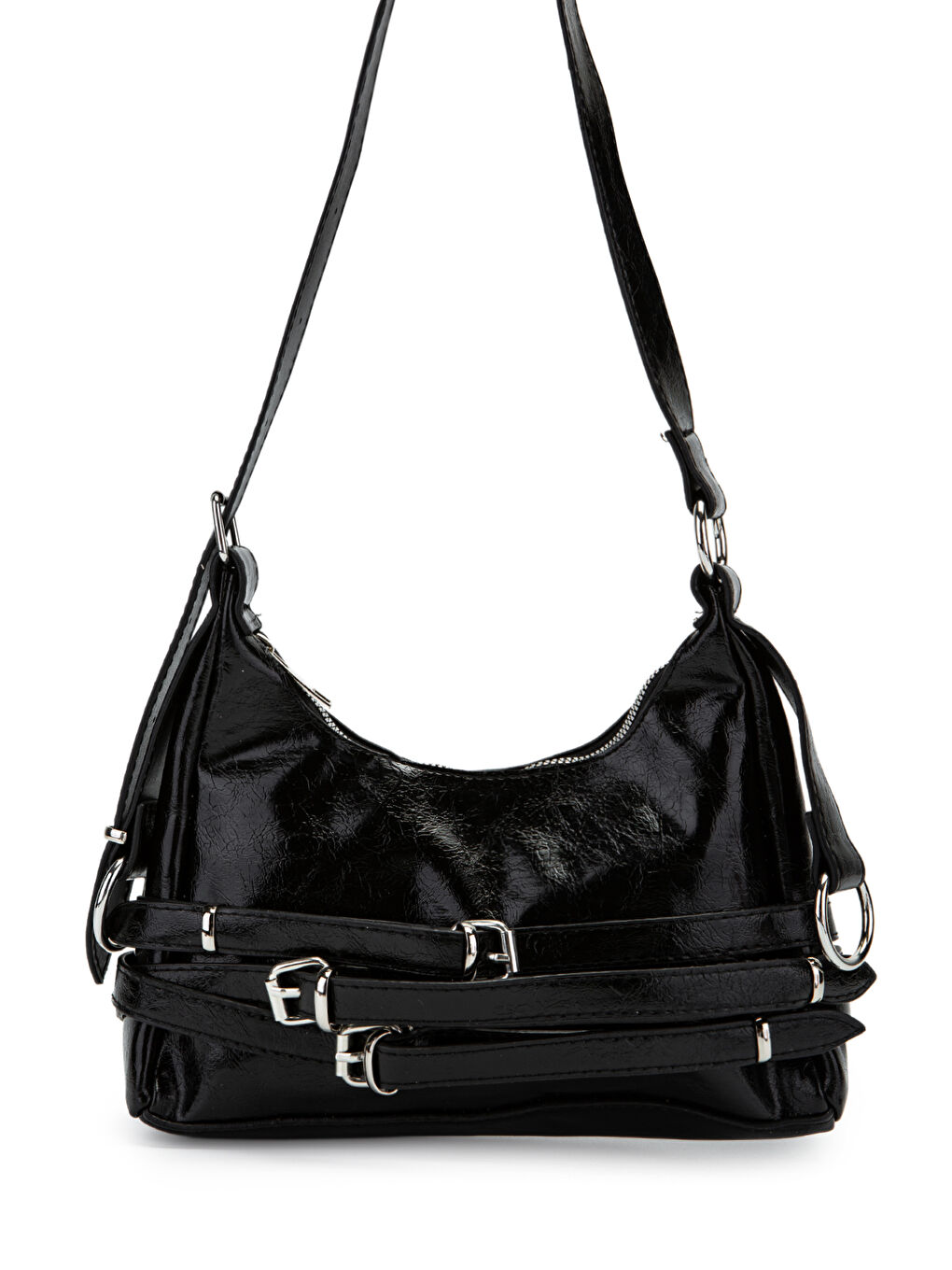 Kemer Detaylı Rugan Suni Deri Baget Kadın Kol Çanta Mary Siyah-1