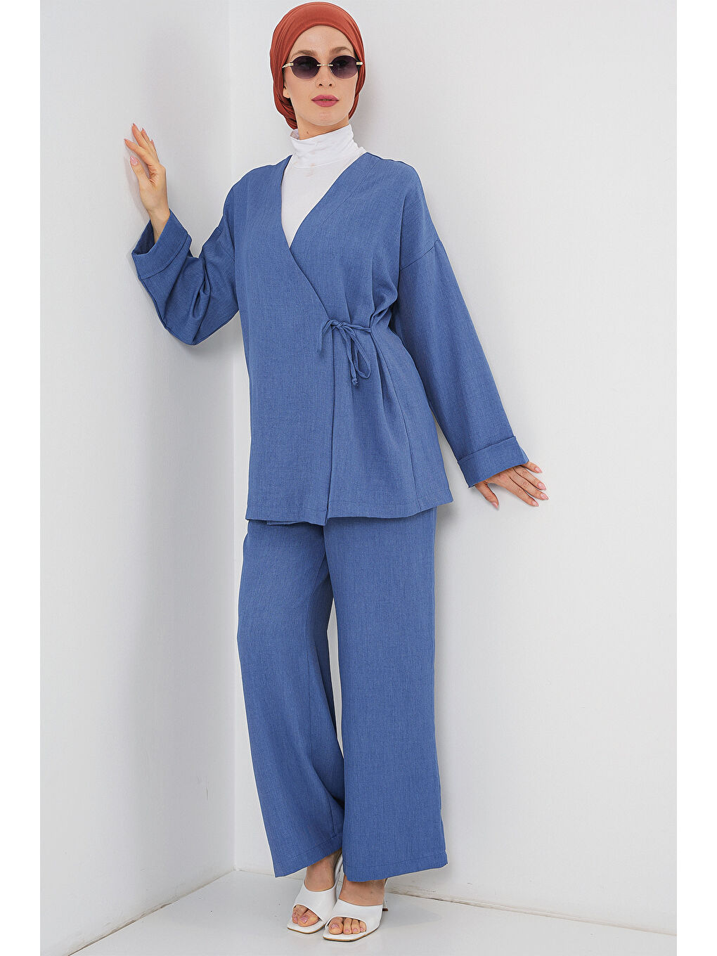 Kadın Kruvaze Yaka Kimono Alt Üst Takım 6743 - İndigo-3