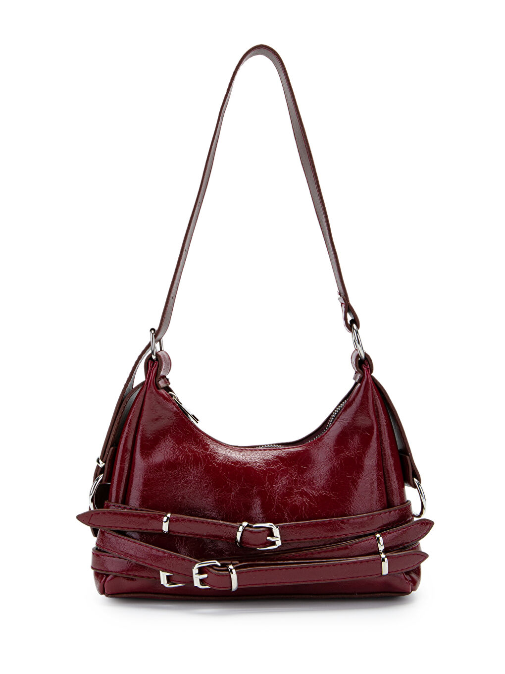 Kemer Detaylı Rugan Suni Deri Baget Kadın Kol Çanta Mary Bordo