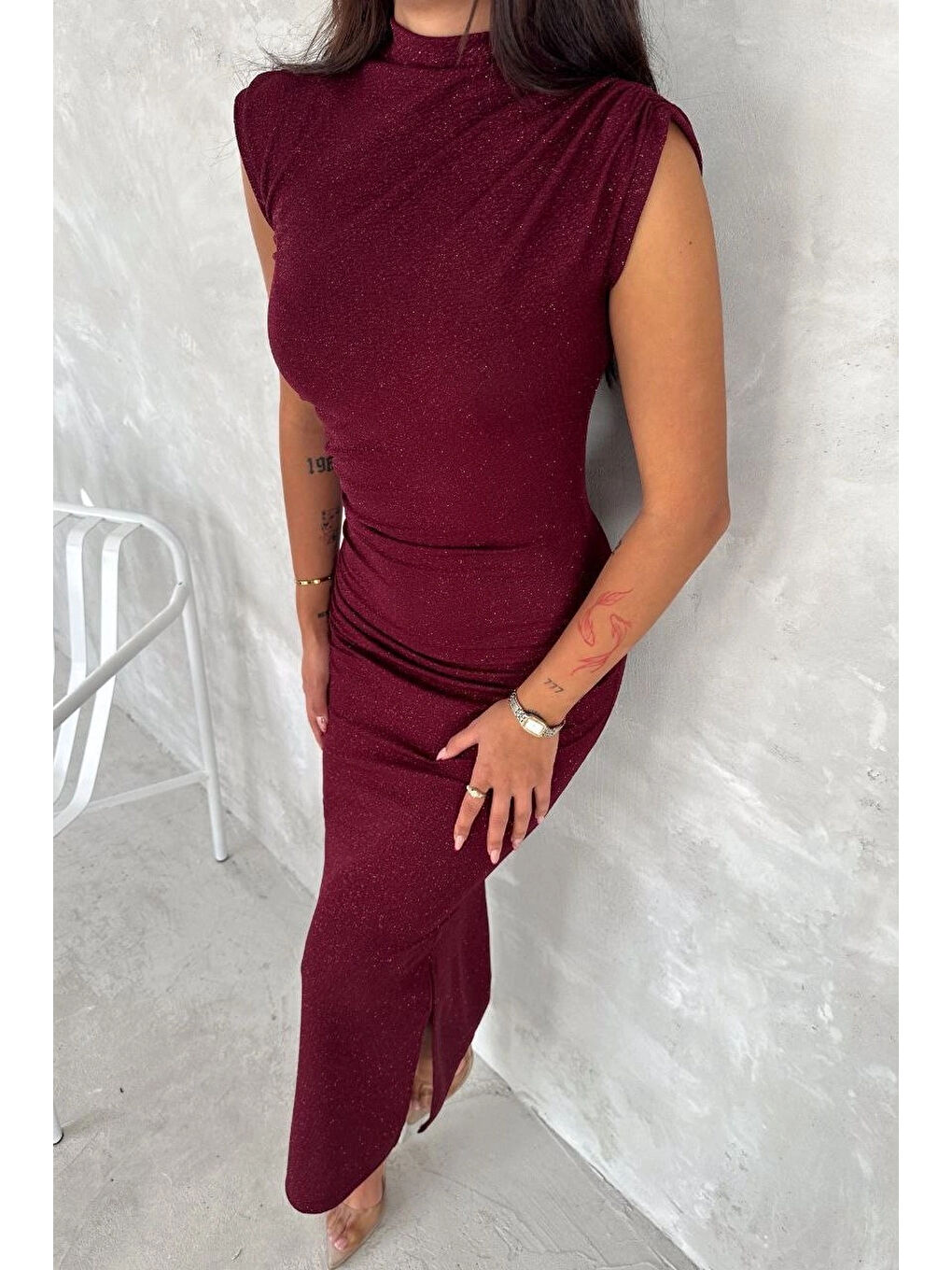 Kadın Bordo Simli Yırtmaçlı Fermuarlı Elbise 3648-1