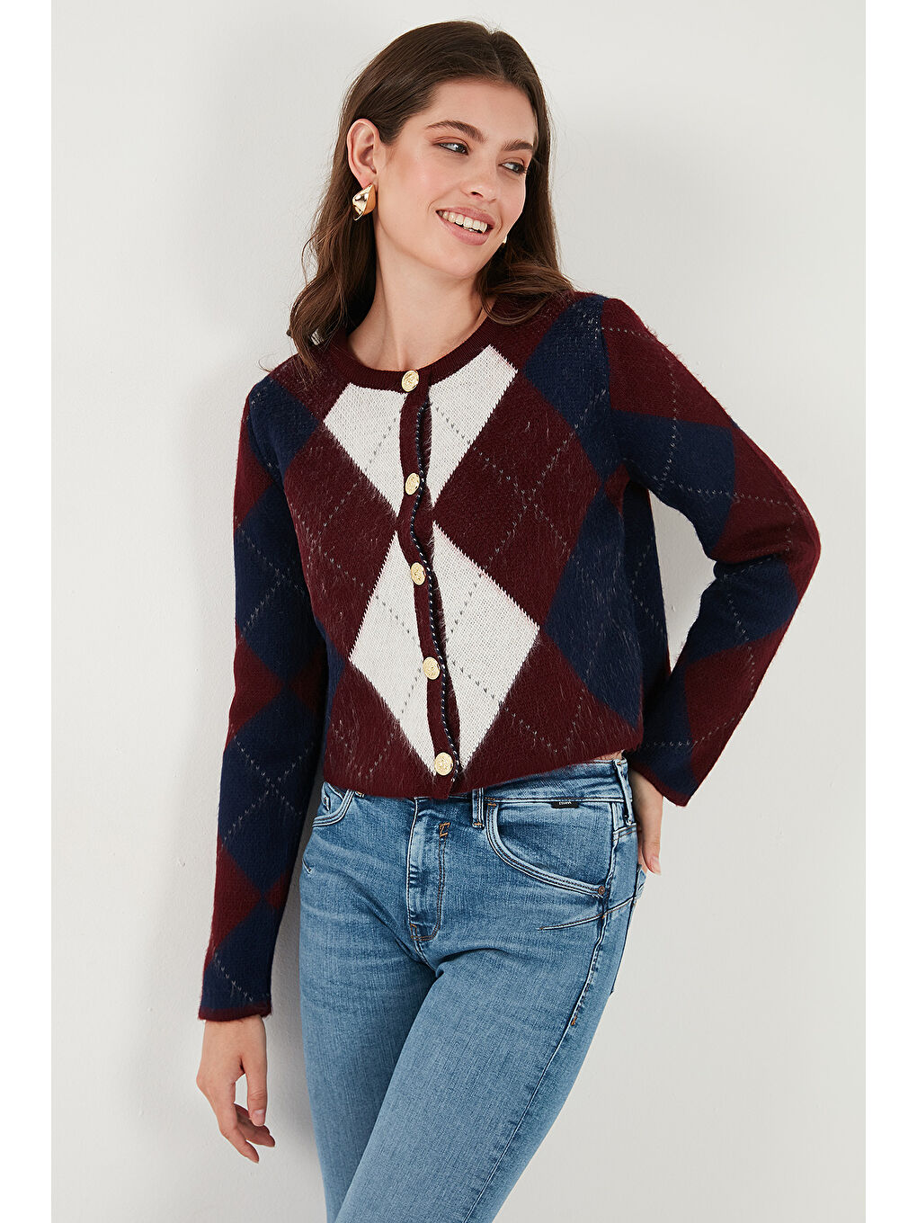 Bordo Regular Fit Bisiklet Yaka Baklava Desenli Düğmeli Crop Hırka 4615570-4