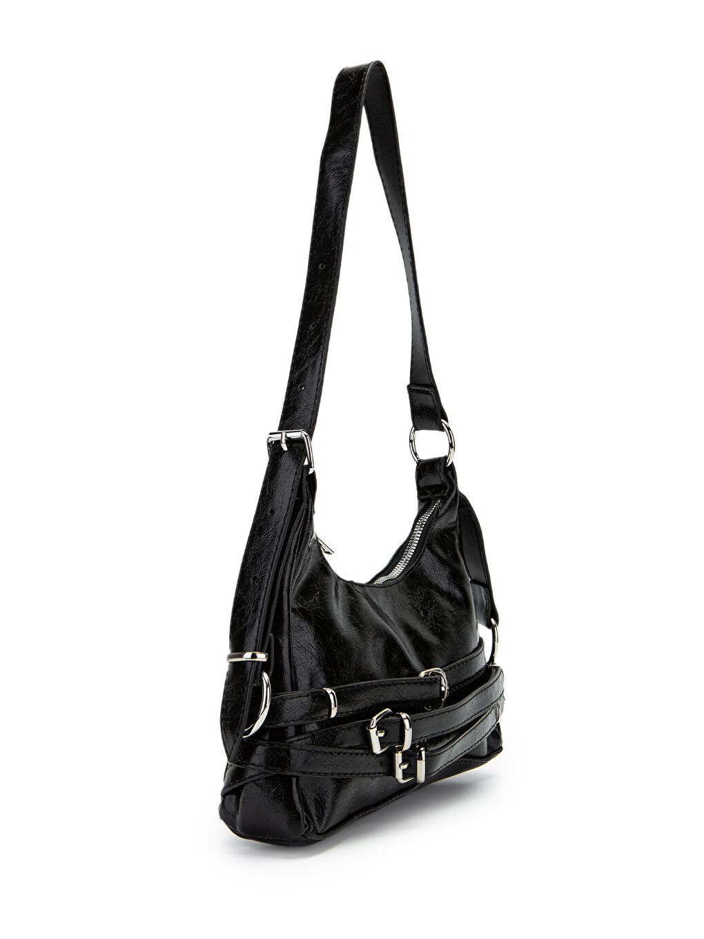 Kemer Detaylı Rugan Suni Deri Baget Kadın Kol Çanta Mary Siyah-2