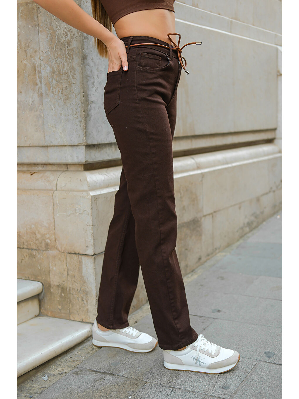 Kadın İp Kemerli Jean Pantolon Kahverengi-1