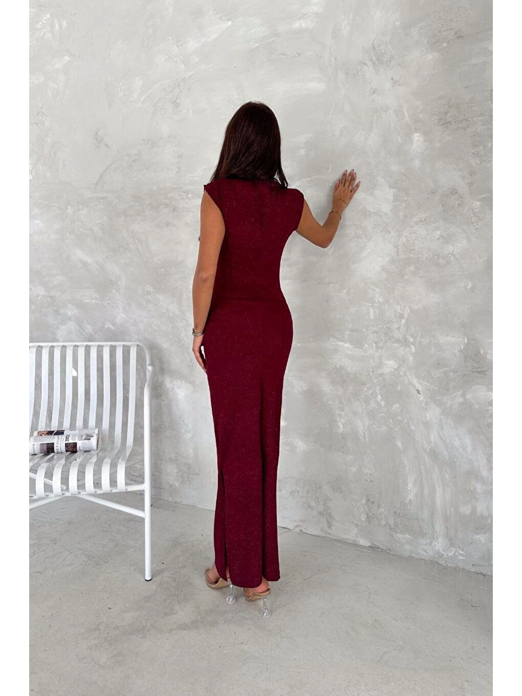 Kadın Bordo Simli Yırtmaçlı Fermuarlı Elbise 3648-2