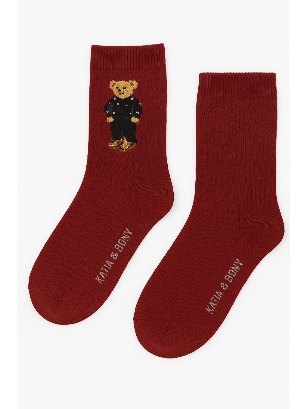 Kadın Teddy Desenli Yün Soket Çorap Bordo