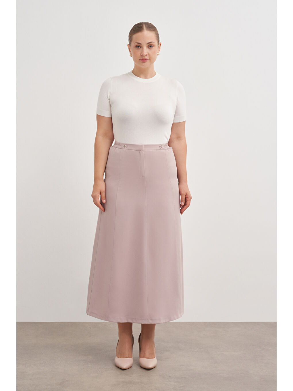 Bej Vizon Düğmeli Düz Kalem Etek