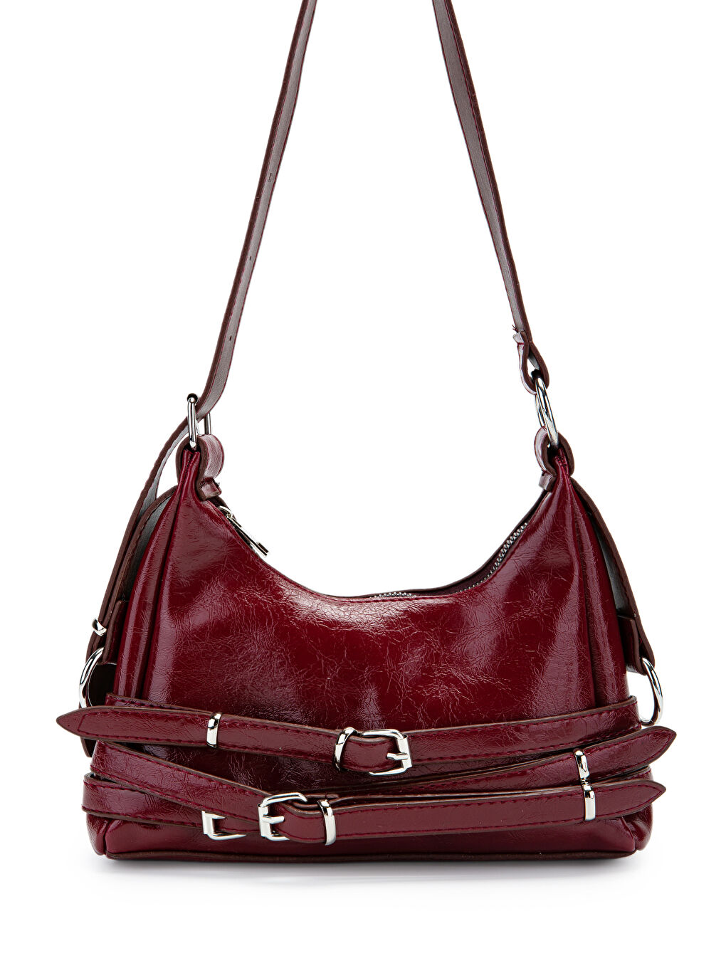 Kemer Detaylı Rugan Suni Deri Baget Kadın Kol Çanta Mary Bordo-1