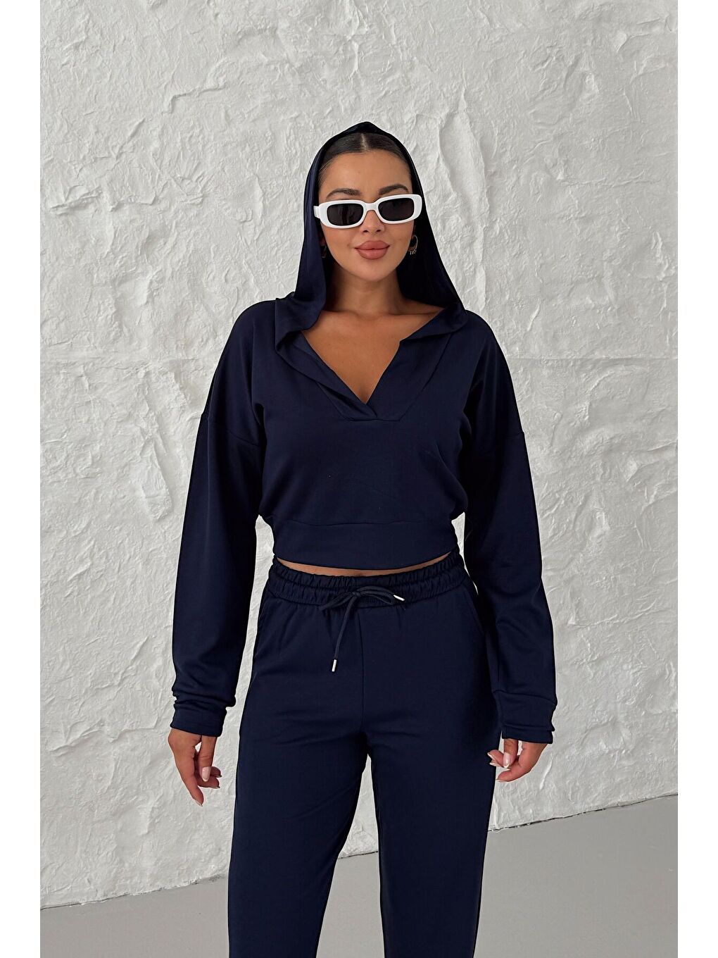 Kadın Lacivert V Yaka Kapüşonlu Crop Eşofman Modal Kumaş Alt-Üst Takım-7