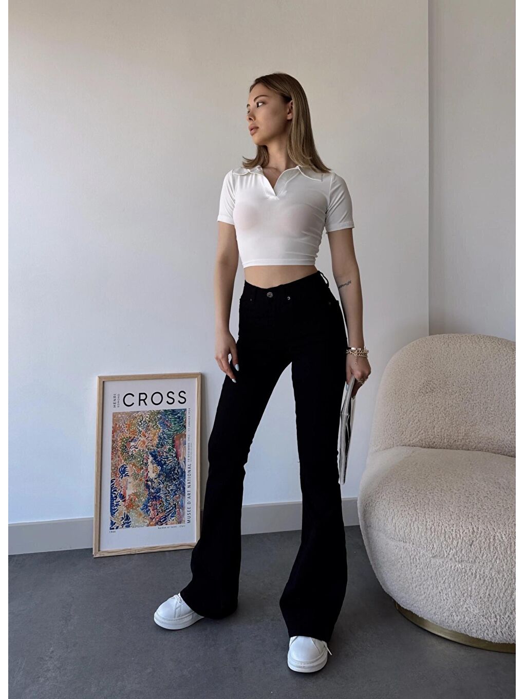 Siyah Yüksek Bel İspanyol Paça Elastanlı Jean Pantolon-1