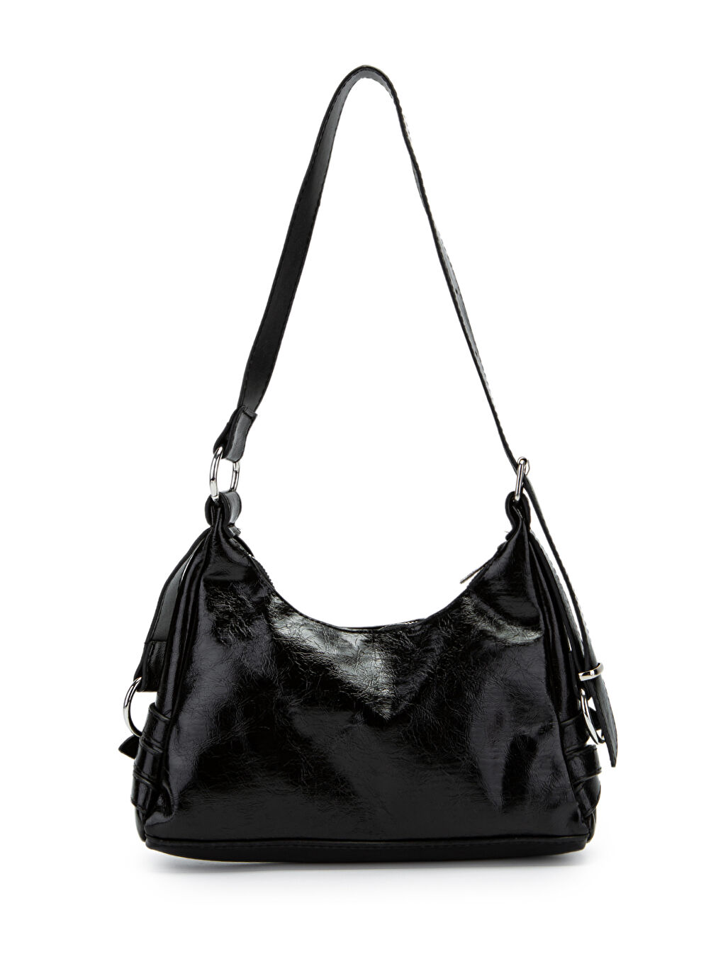 Kemer Detaylı Rugan Suni Deri Baget Kadın Kol Çanta Mary Siyah-3