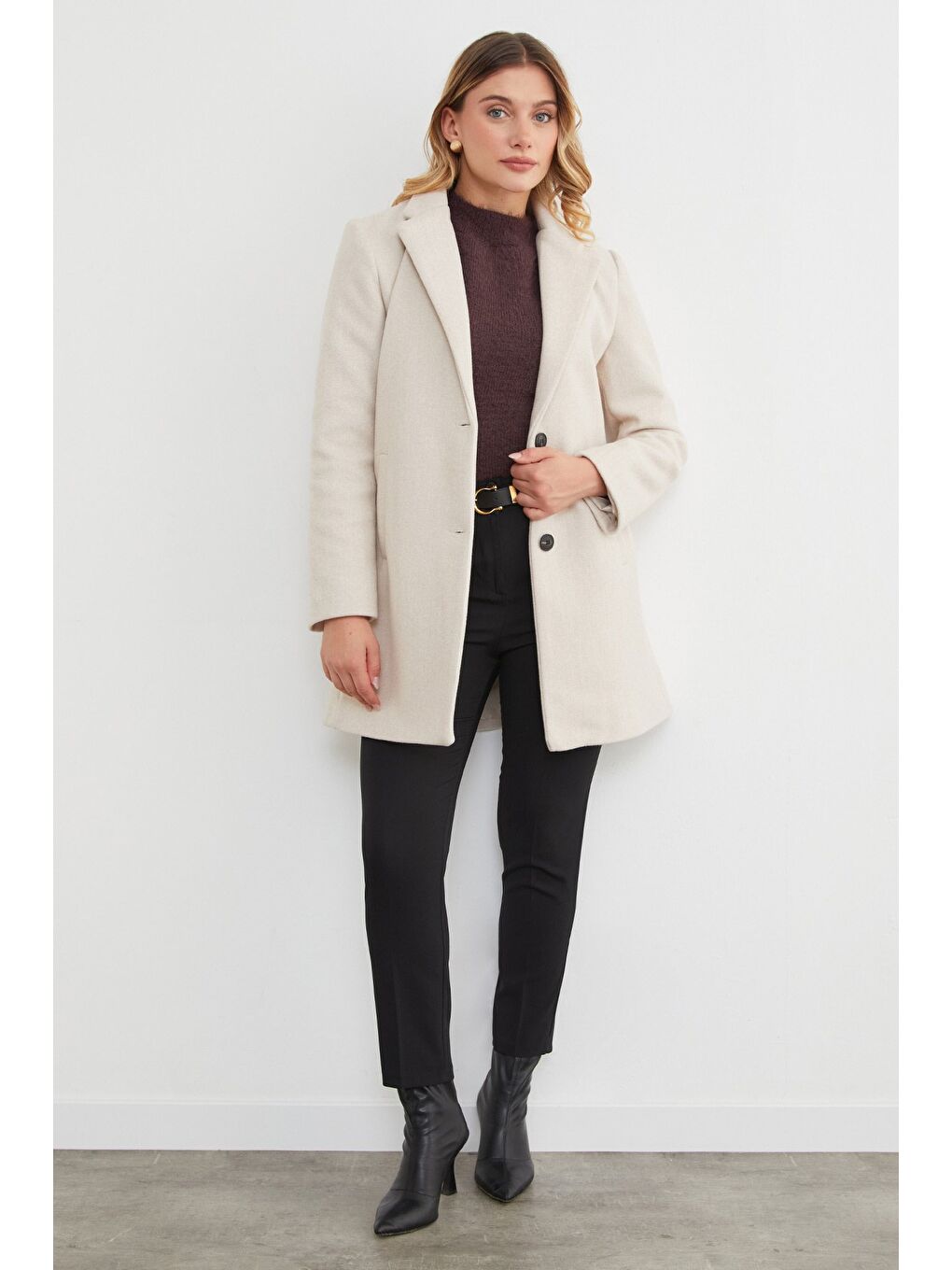 Bej Kruvaze Yaka Cepli Kaşe Kaban-1