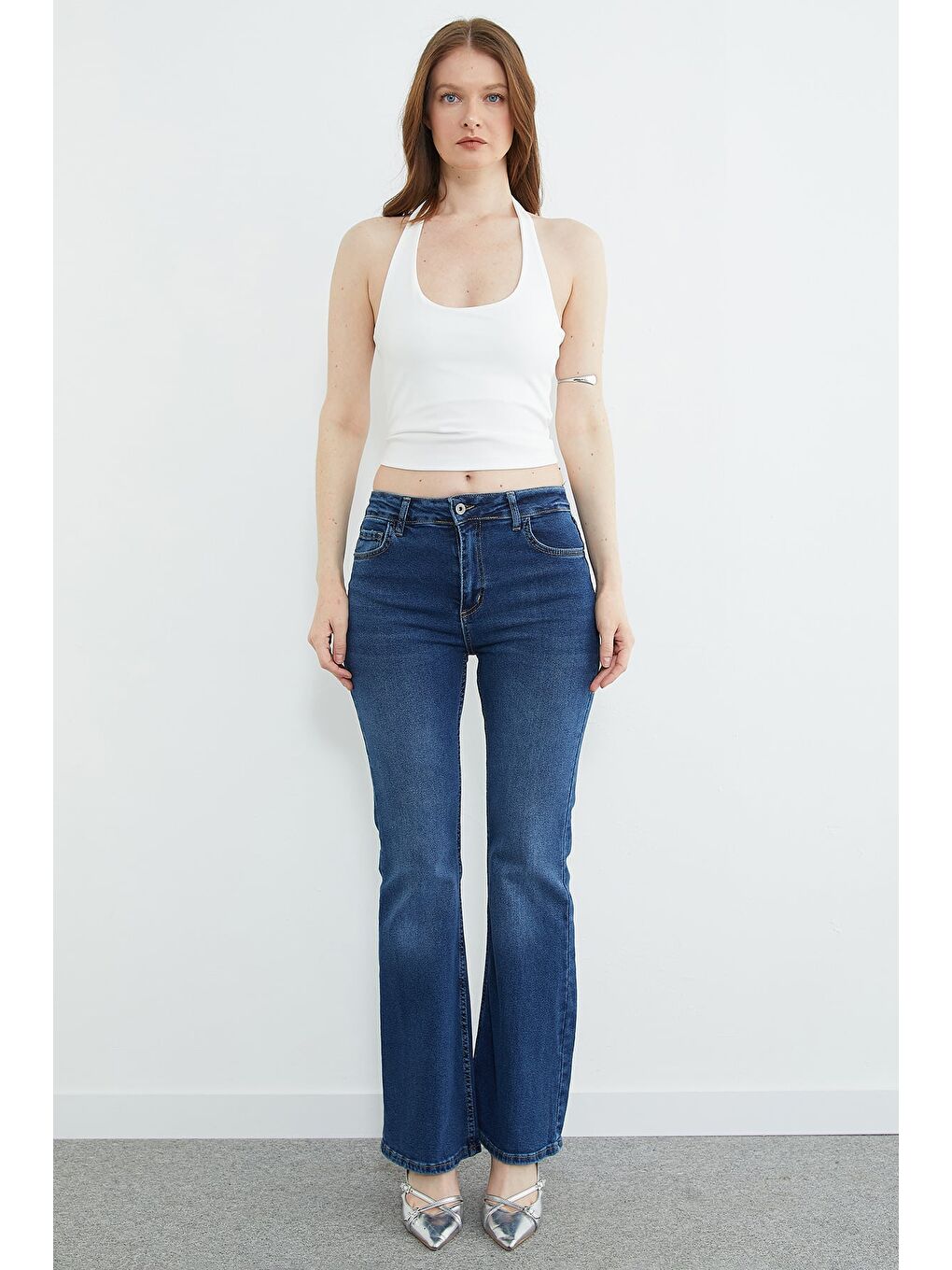 Mavi Yüksek Bel Fermuarlı Flare Jean-1
