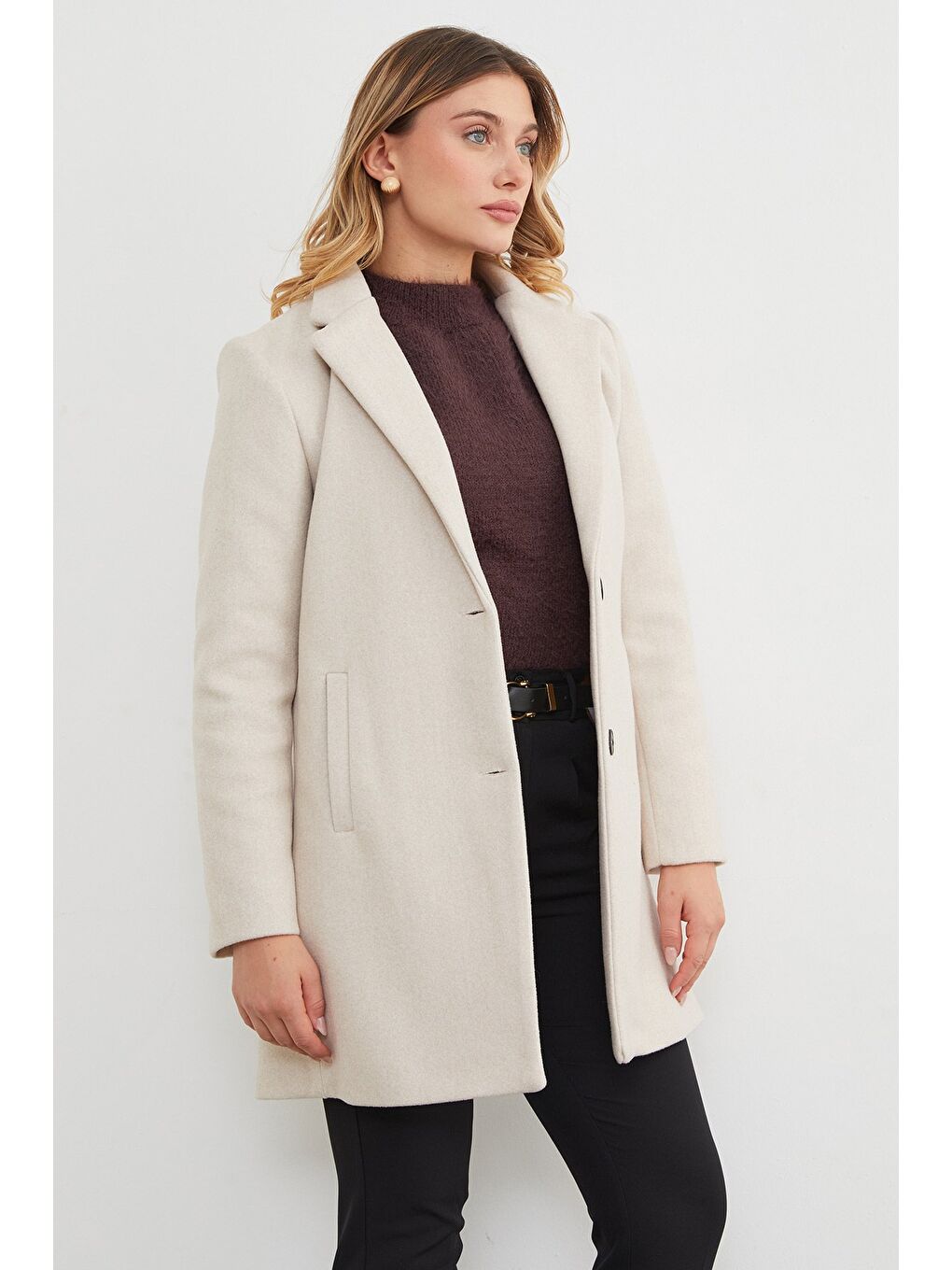 Bej Kruvaze Yaka Cepli Kaşe Kaban-2