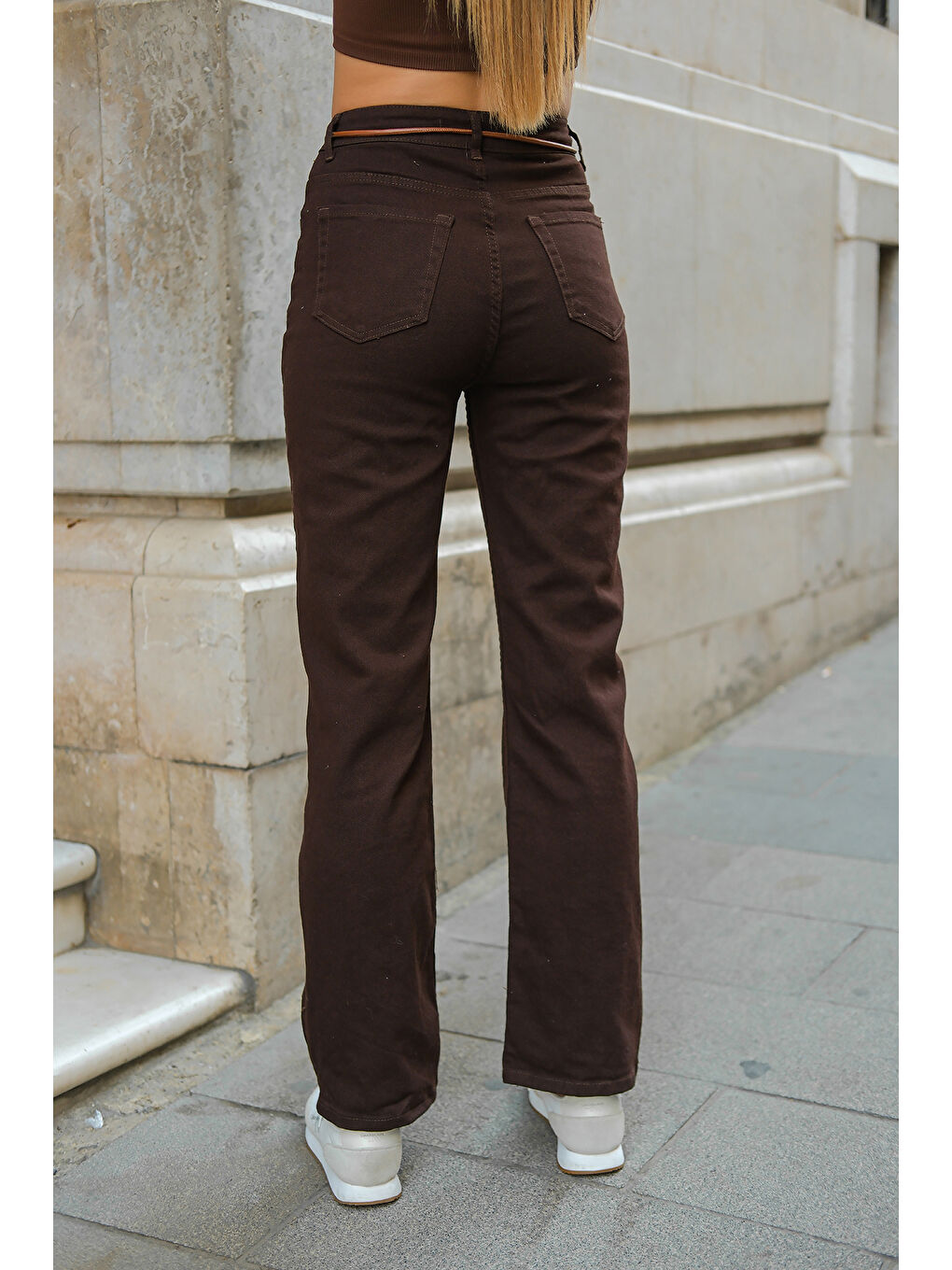 Kadın İp Kemerli Jean Pantolon Kahverengi-2