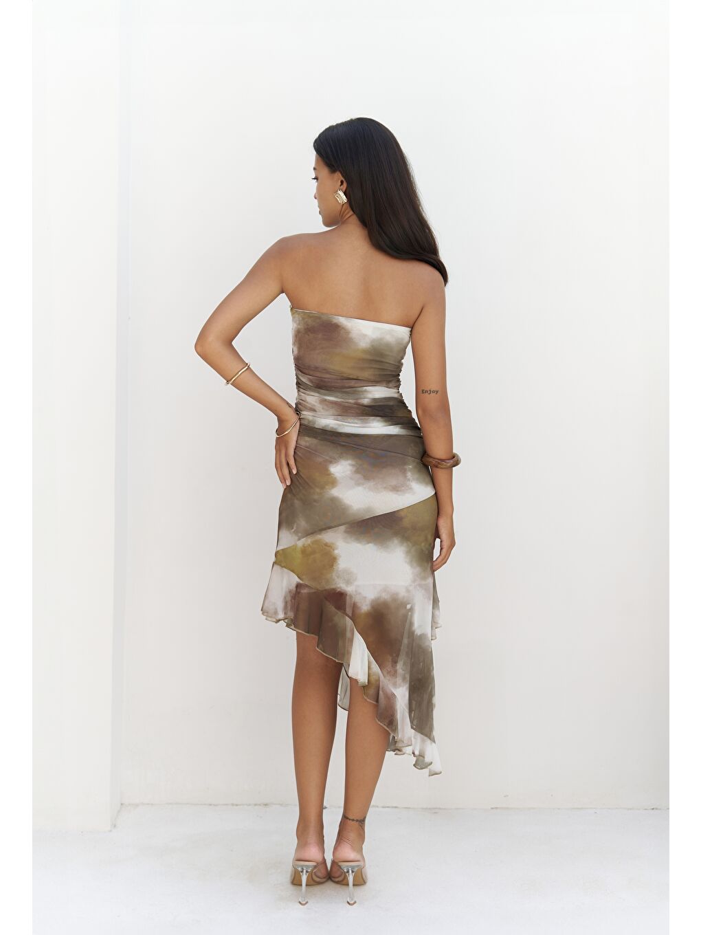 Stracnaha Drape Detaylı Yeşil Straplez Elbise-3