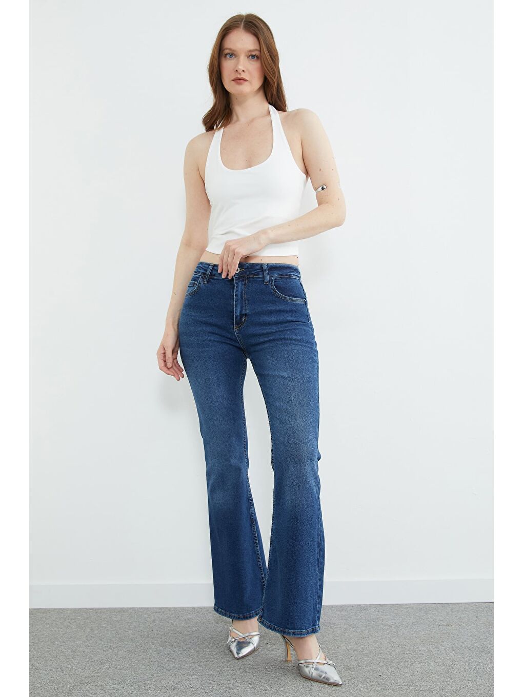 Mavi Yüksek Bel Fermuarlı Flare Jean-2