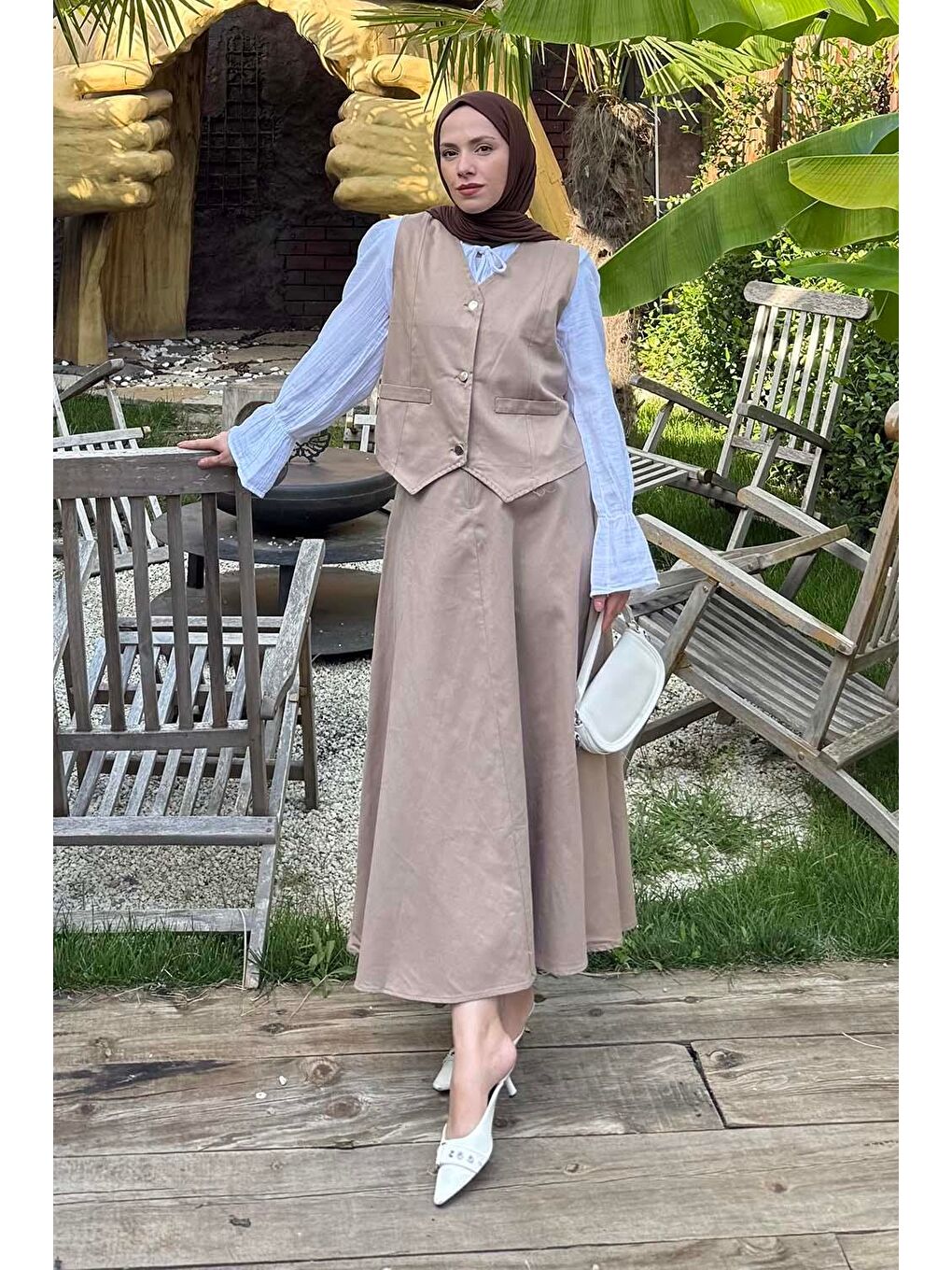 Kahverengi Gabardin Yelek-Etek İkili Tesettür Takım Soft Kahve