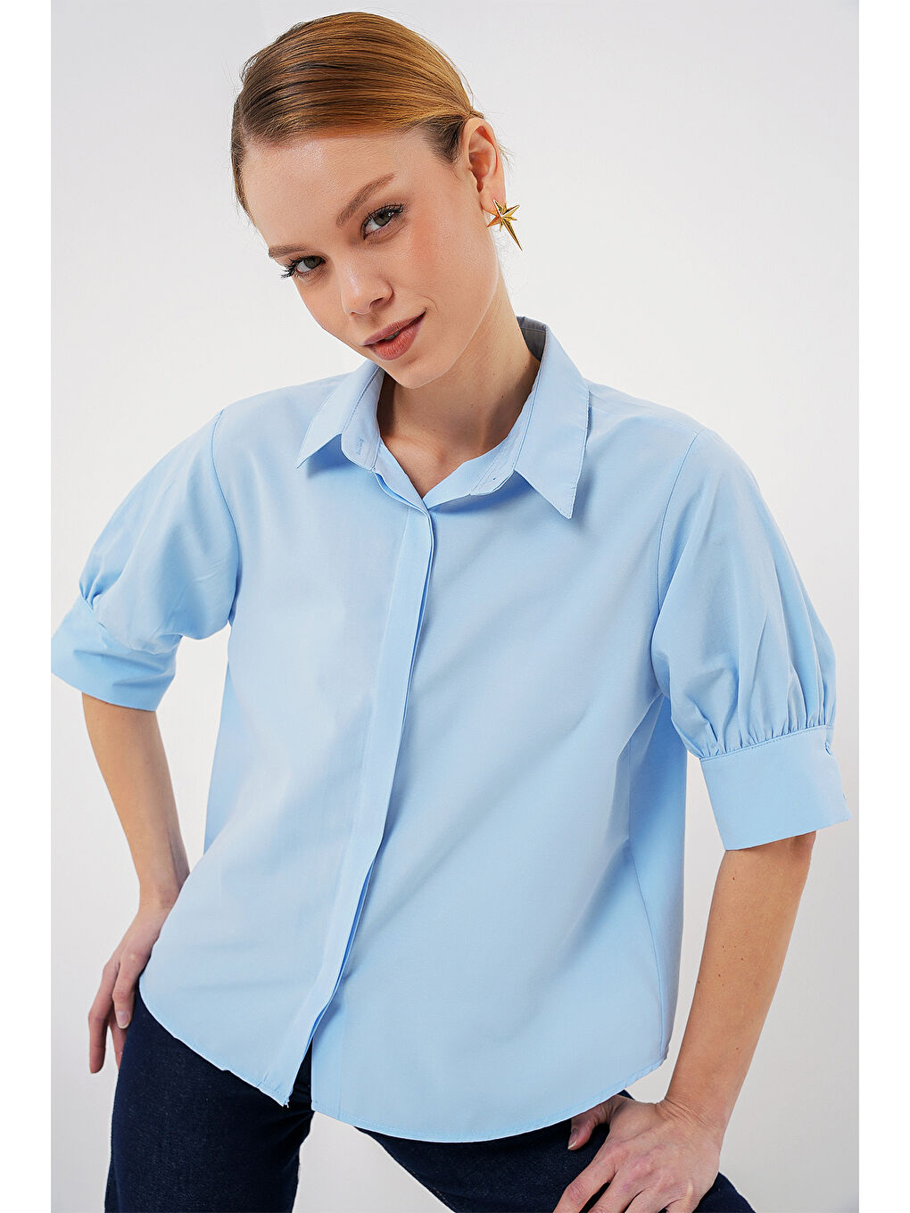 Kadın Kısa Kol Gömlek 20312 - Mavi