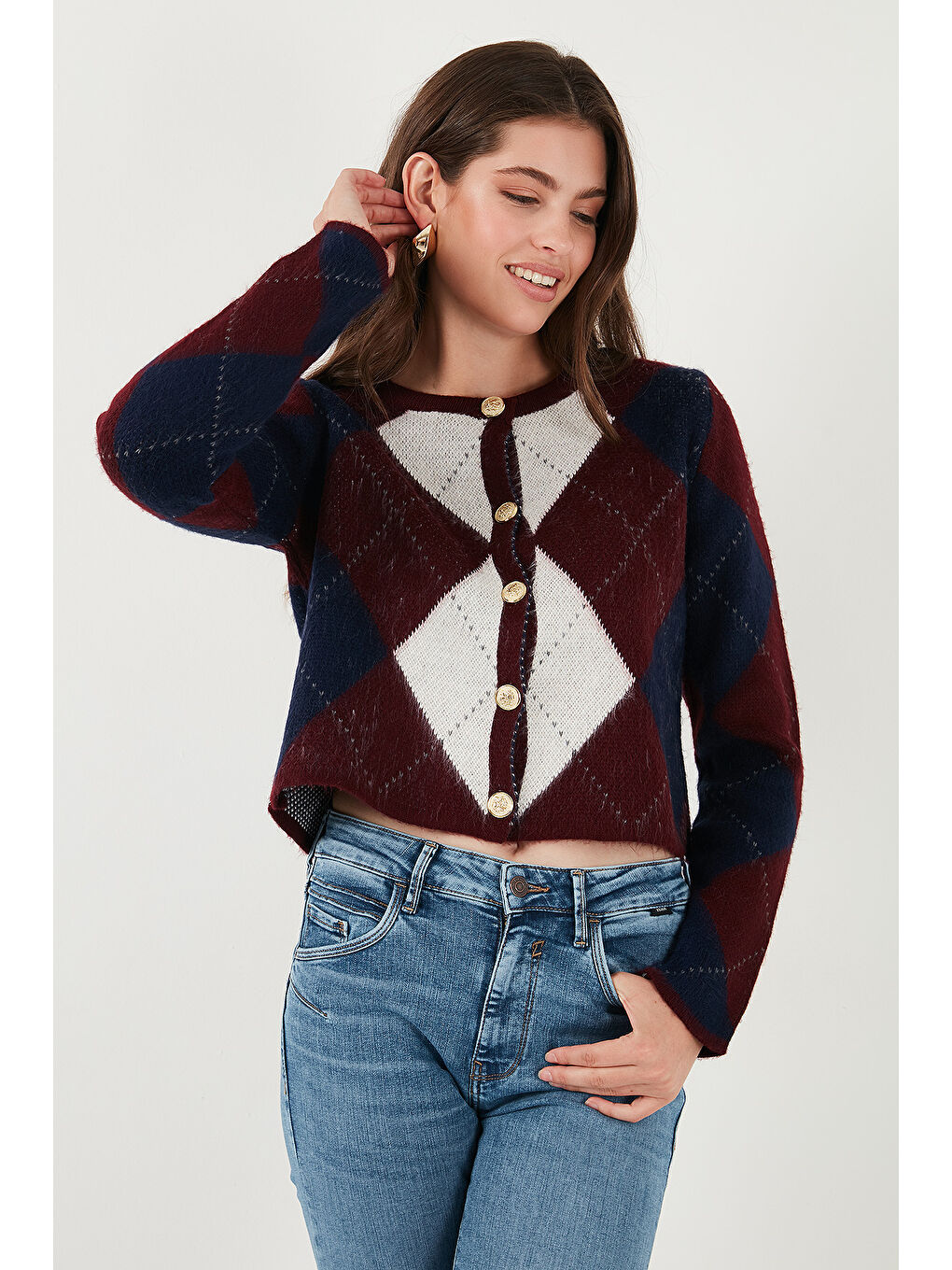 Bordo Regular Fit Bisiklet Yaka Baklava Desenli Düğmeli Crop Hırka 4615570-5