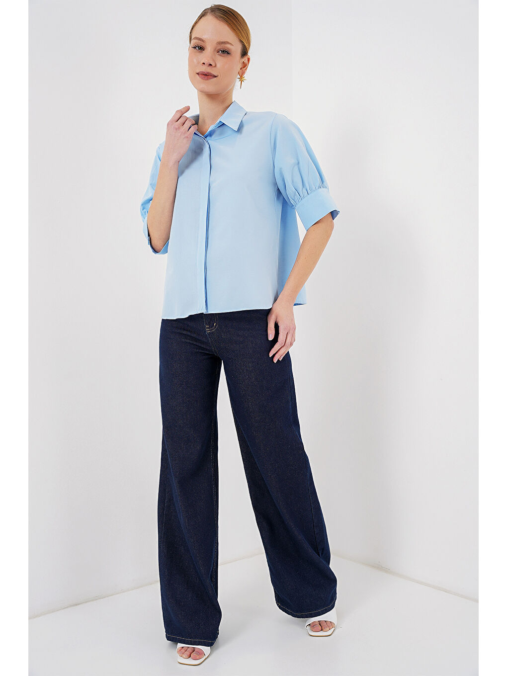 Kadın Kısa Kol Gömlek 20312 - Mavi-1