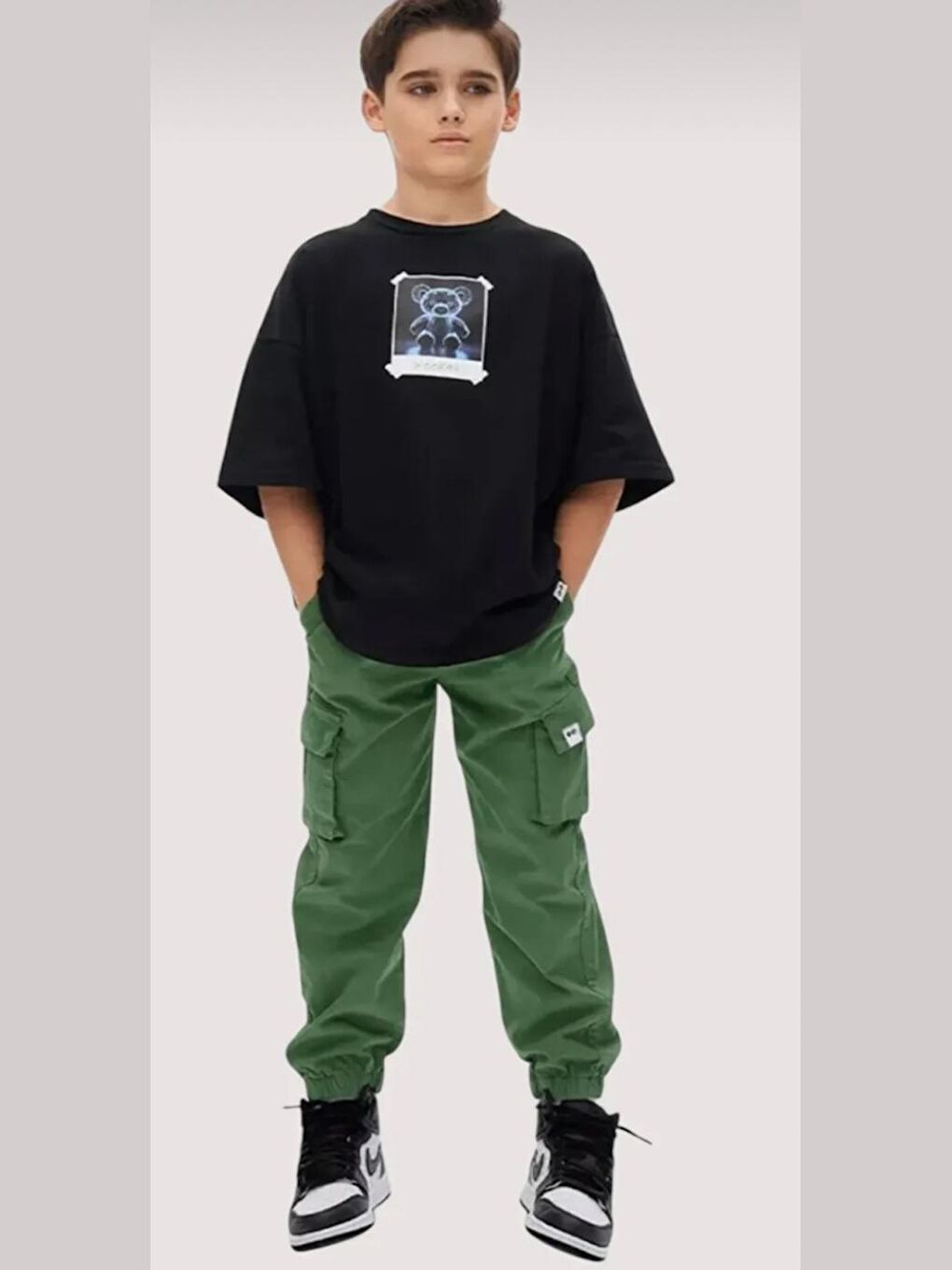 Haki Erkek Çocuk Kargo Cepli Beli Bagcikli Lastikli Paça Jogger Gabardin Pantolon