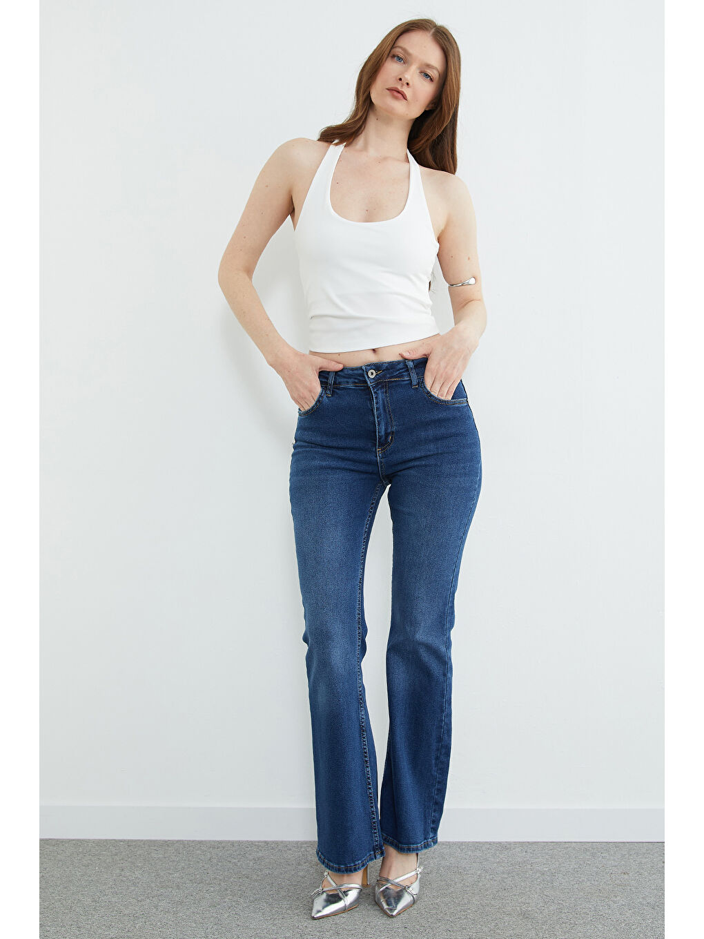 Mavi Yüksek Bel Fermuarlı Flare Jean-3