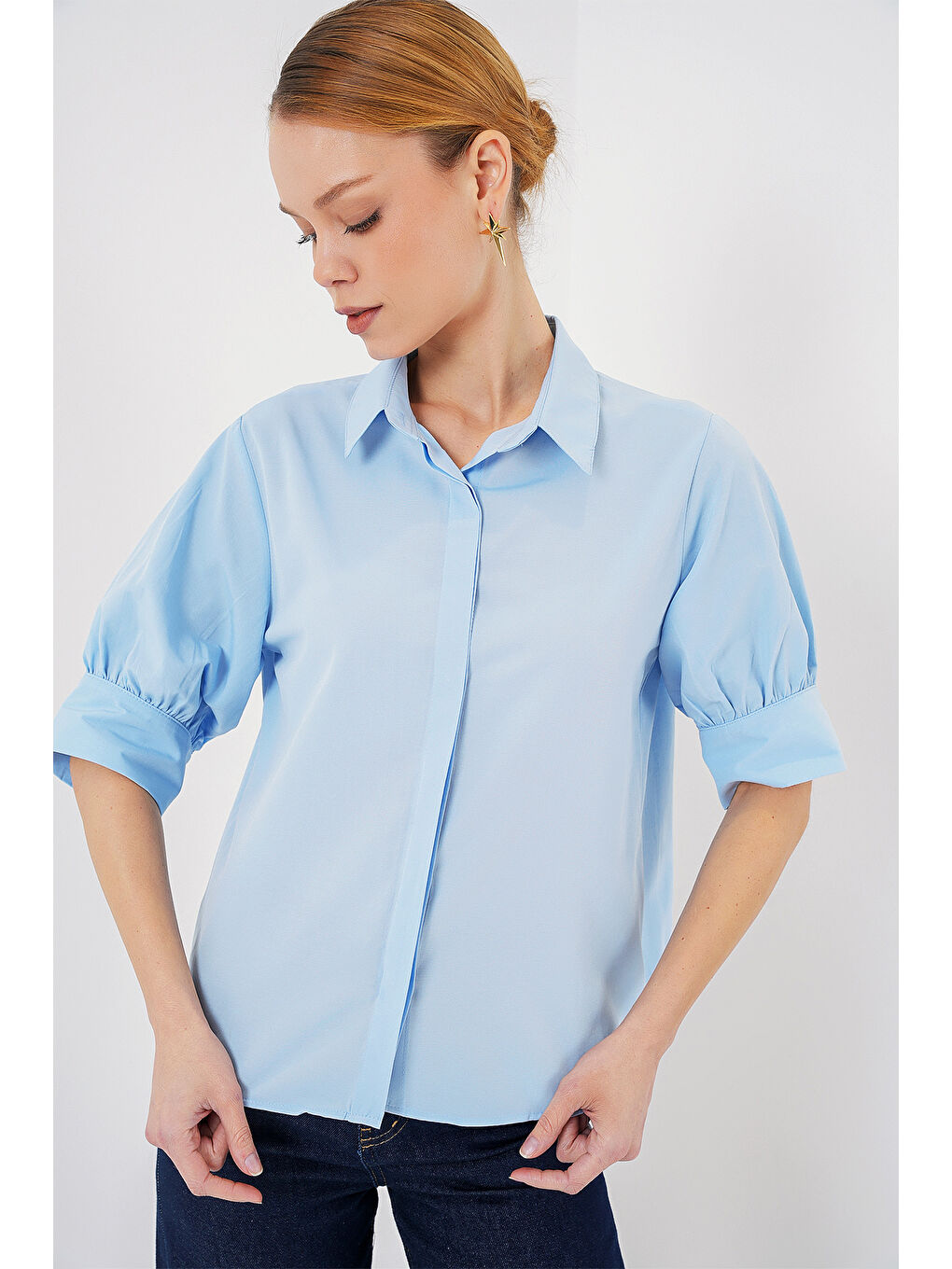 Kadın Kısa Kol Gömlek 20312 - Mavi-2