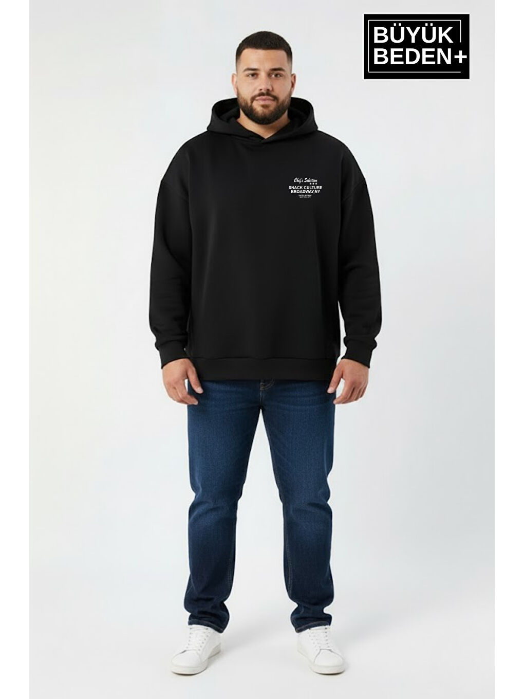 Siyah Erkek Büyük Beden Chef Baskılı Kapüşonlu Rahat Kalıp Sweatshirt SPR26BSW966
