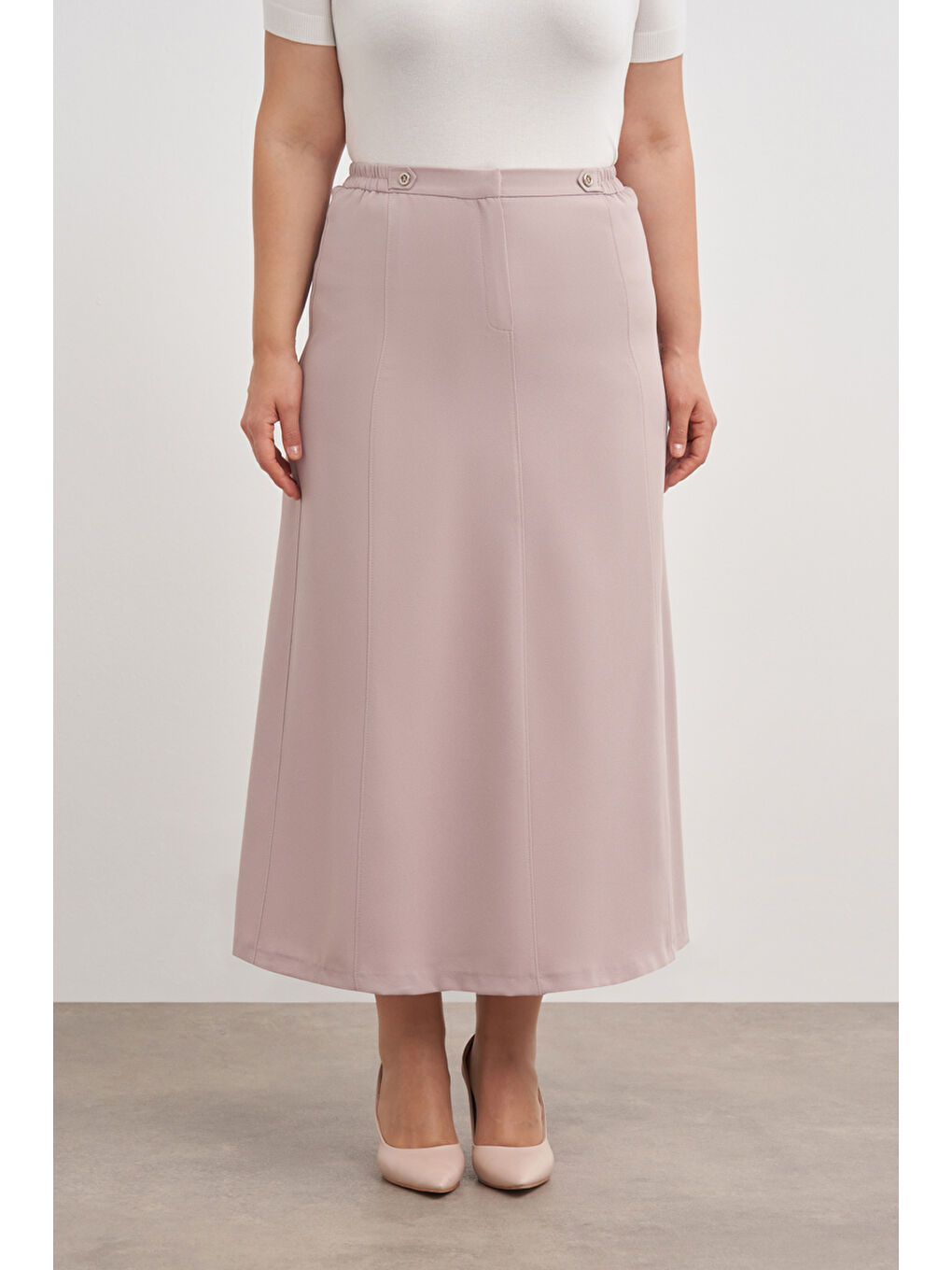 Bej Vizon Düğmeli Düz Kalem Etek-1