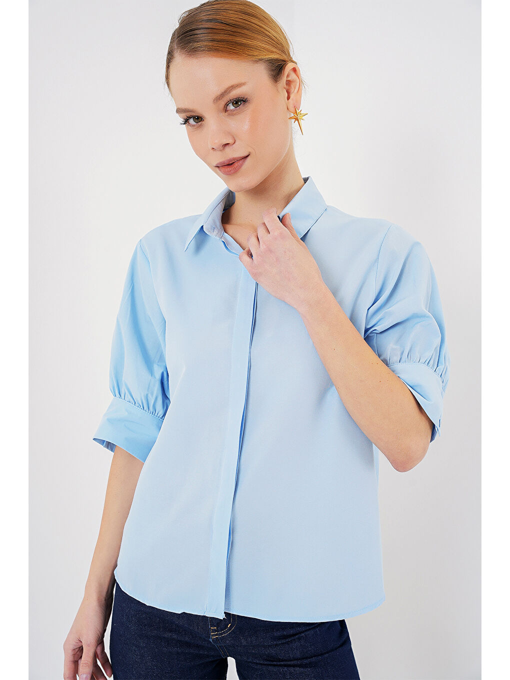 Kadın Kısa Kol Gömlek 20312 - Mavi-3