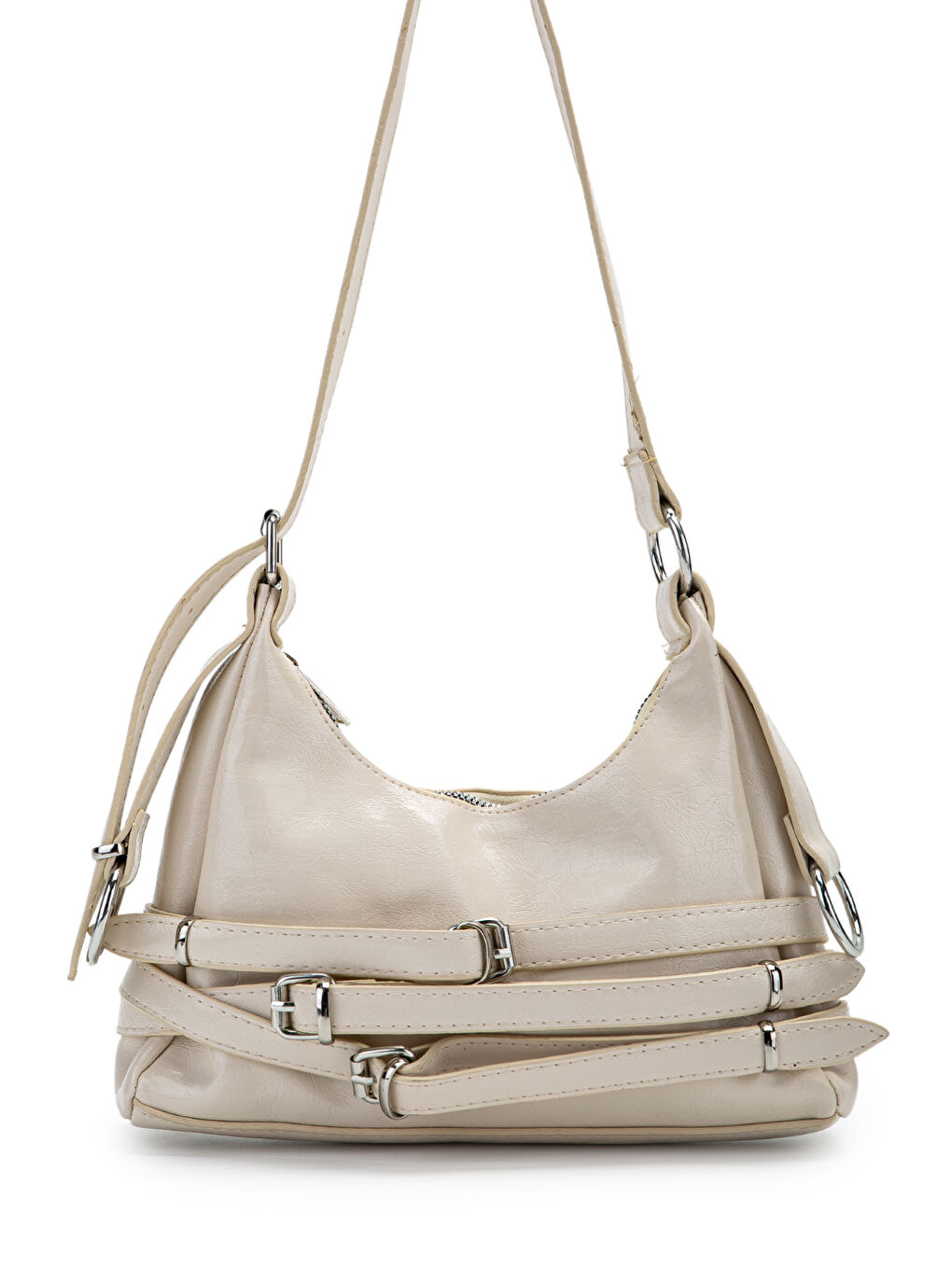 Ekru Kemer Detaylı Rugan Suni Deri Baget Kadın Kol Çanta Mary Krem-1