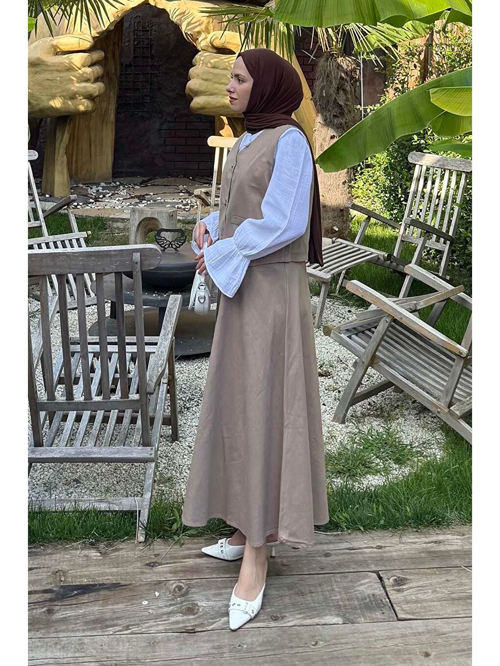 Kahverengi Gabardin Yelek-Etek İkili Tesettür Takım Soft Kahve-1