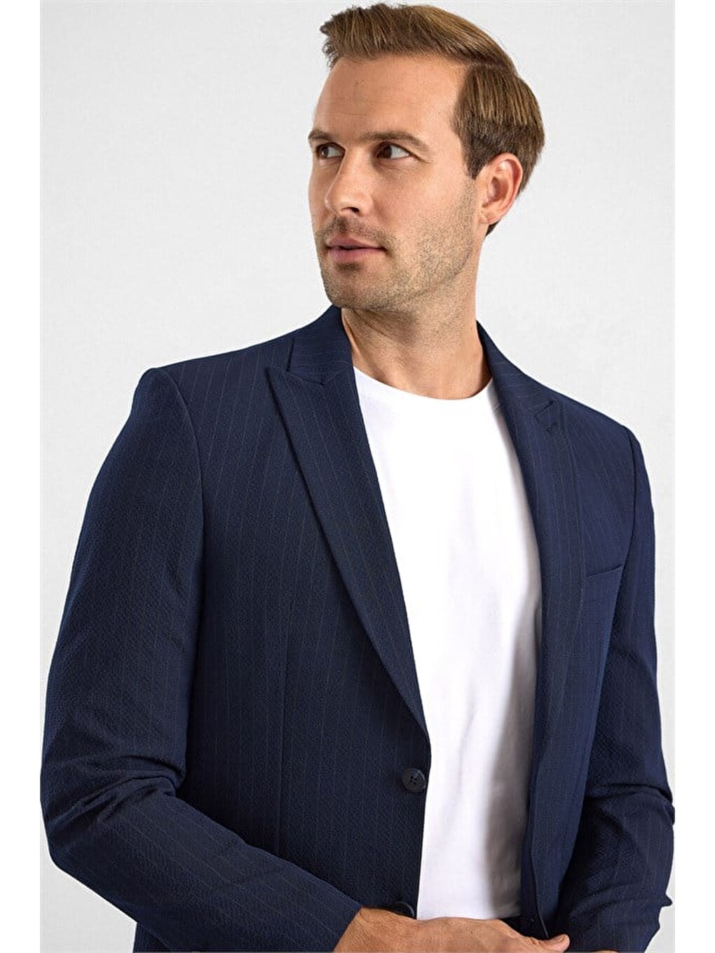 Lacivert Slim Mono Yaka Düz Torba Cep 6 Drop Takım Elbise-1